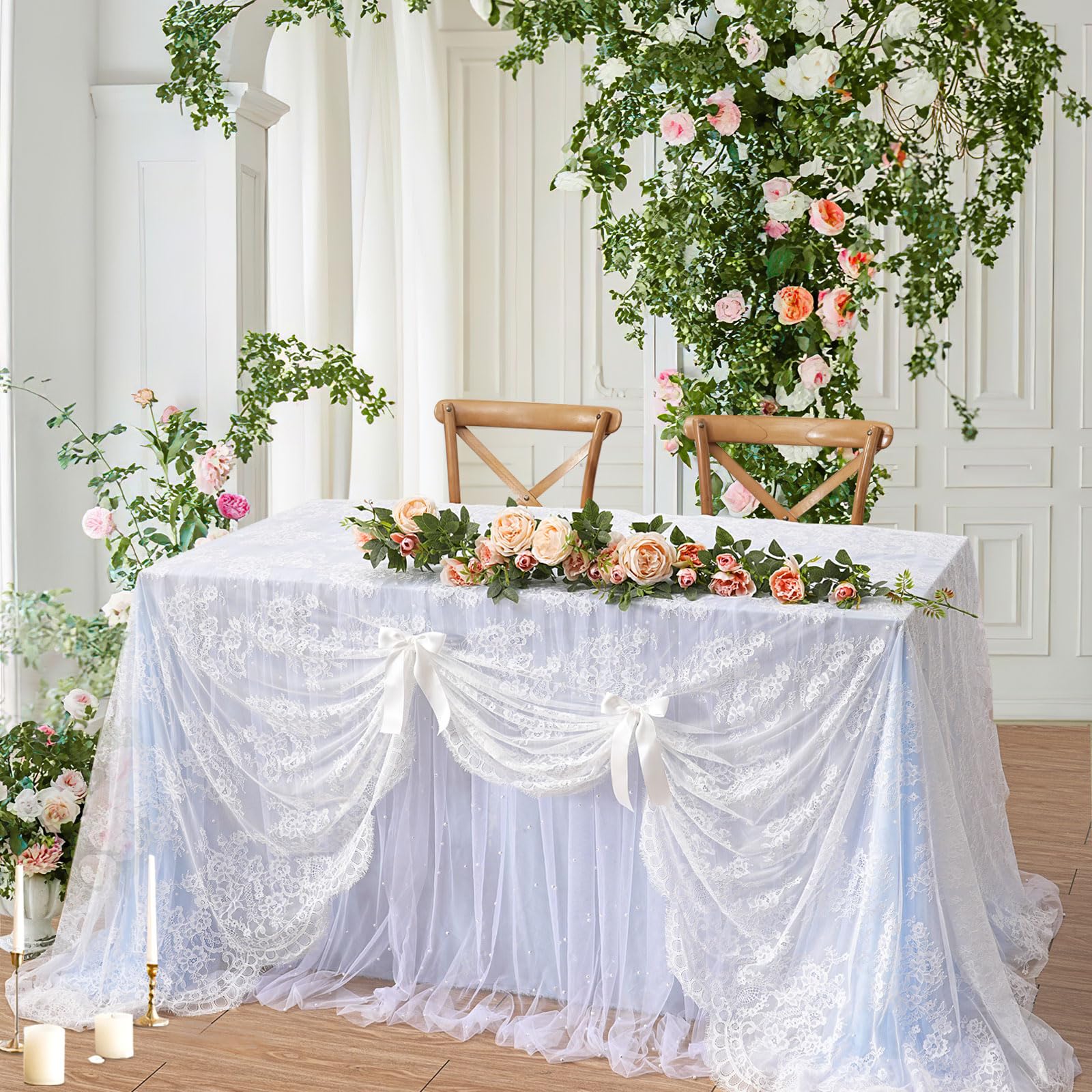 Vintage Lace Tablecloth Rectangle 60X120 Inches Long Embroidered White Table Cloths For Parties Wedding Reception Fall Home Deco