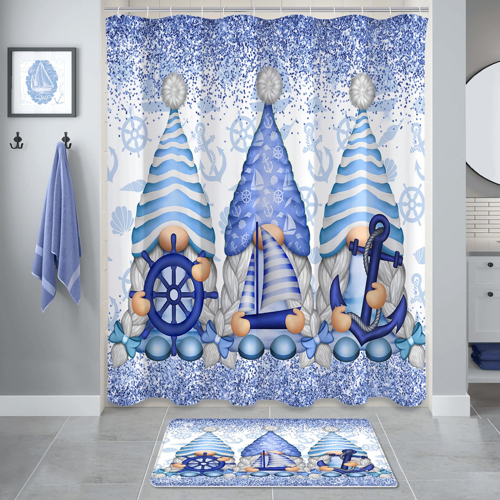 Litabel 4 Pcs Winter Gnomes Shower Curtain Set With Non-Slip Rugs, Toilet Lid Cover And Bath Mat, Nautical Marine Bathroom Decor