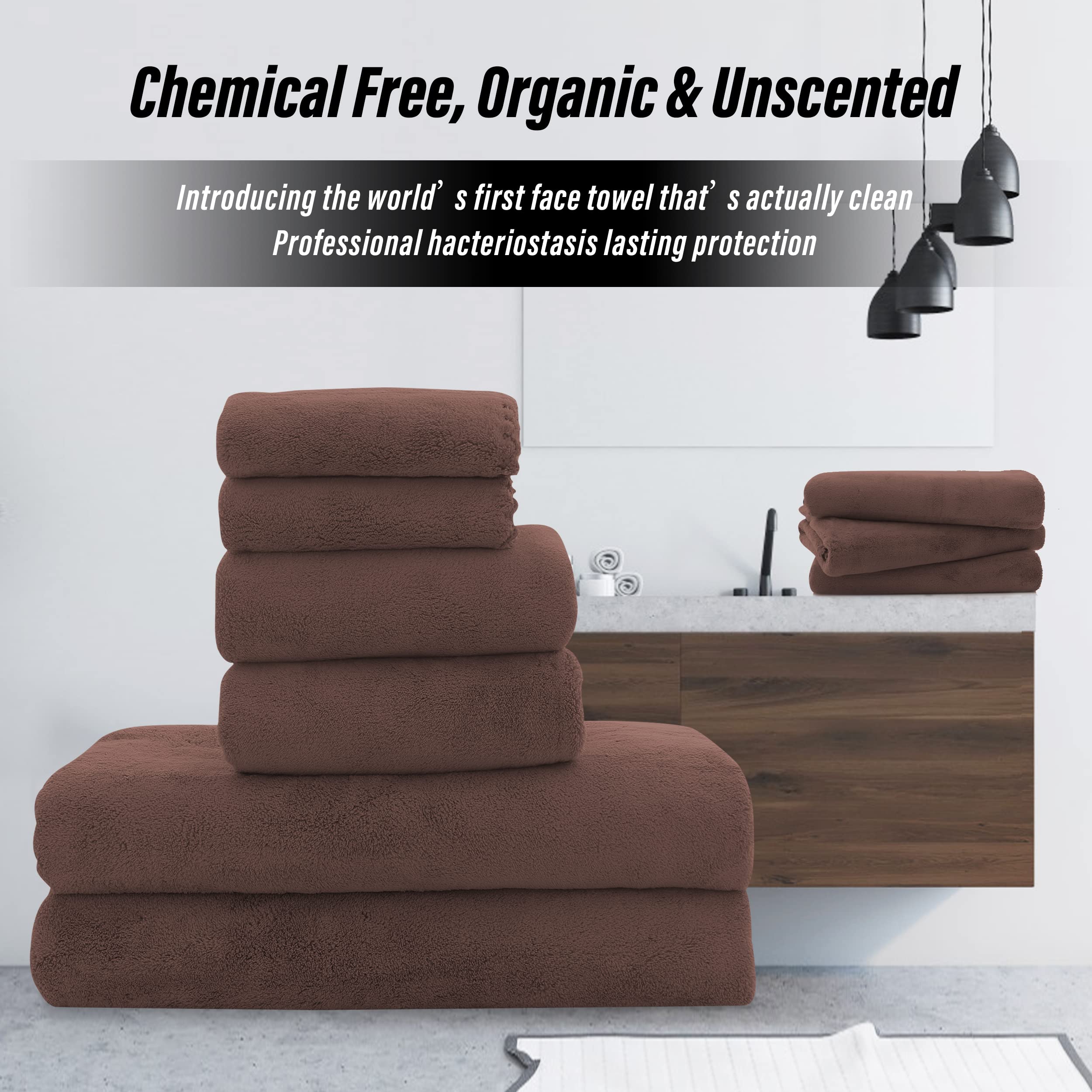 Moonqueen Ultra Soft Microfiber Coral Velvet Towel Set - Quick Drying, 2 Bath Towels, 2 Hand Towels, 2 Washcloths - Wood Brown,