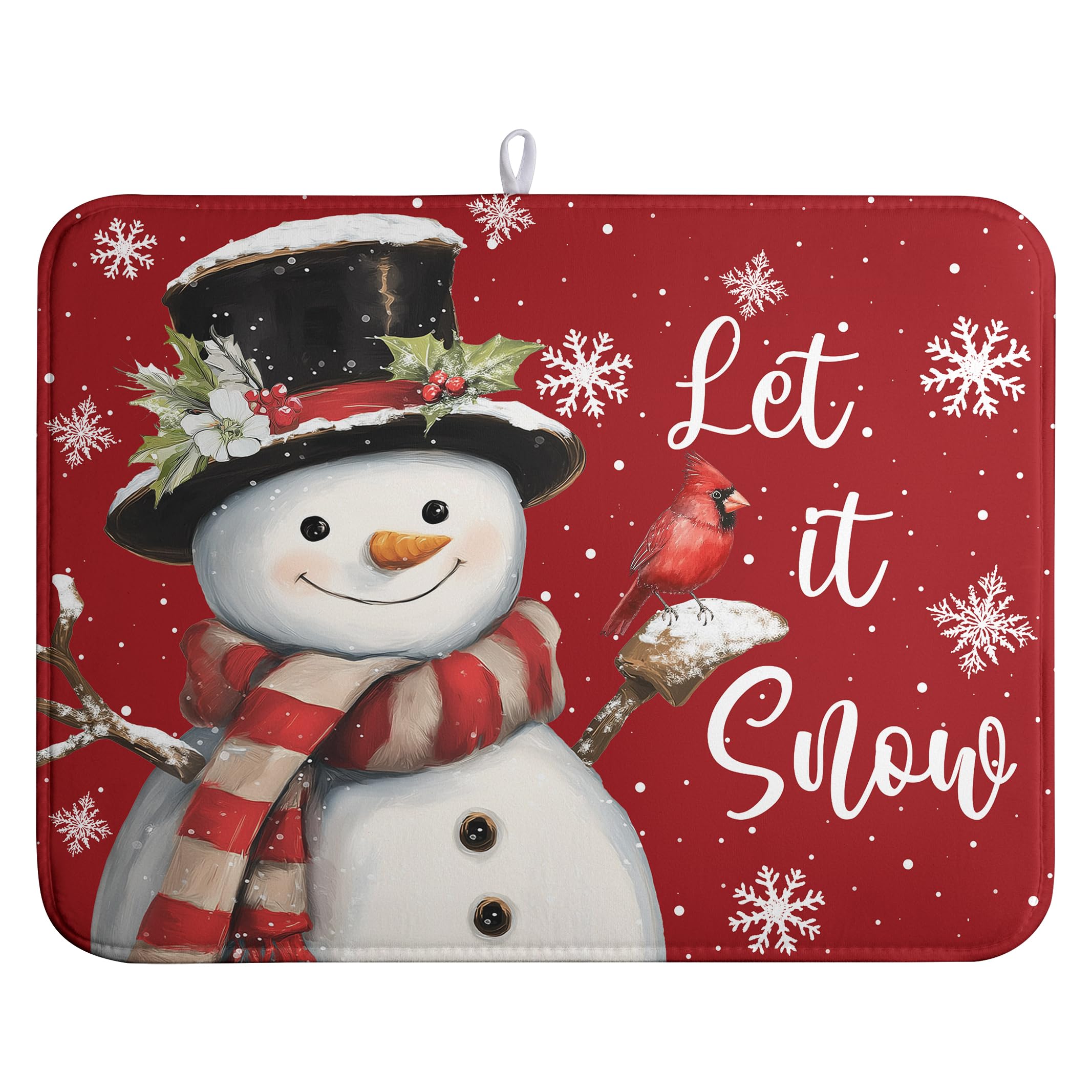 Wnoesat Snowman Christmas Dish Drying Mat Winter Drying Mats for Kitchen Counter Xmas Holiday Red Dish Draining Mat Microfiber A