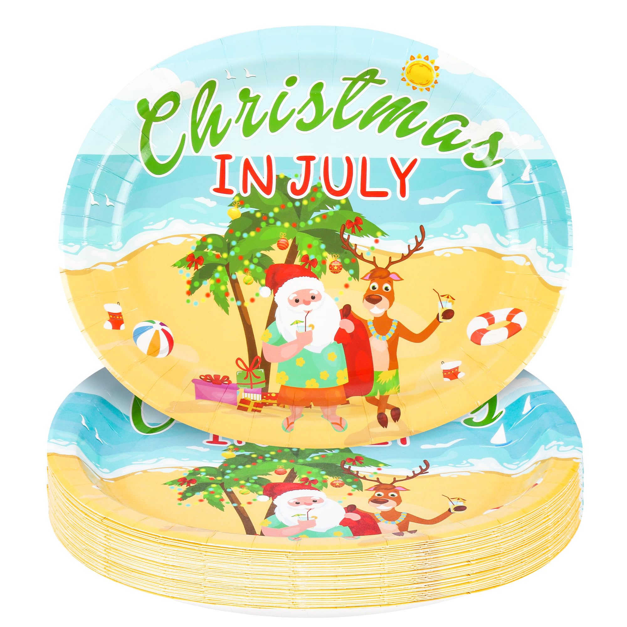 50Pcs Christmas in July Party Decorations Oval Plates Summer Tropical Hawaiian Christmas Santa Beach Paper Plates for Christmas 