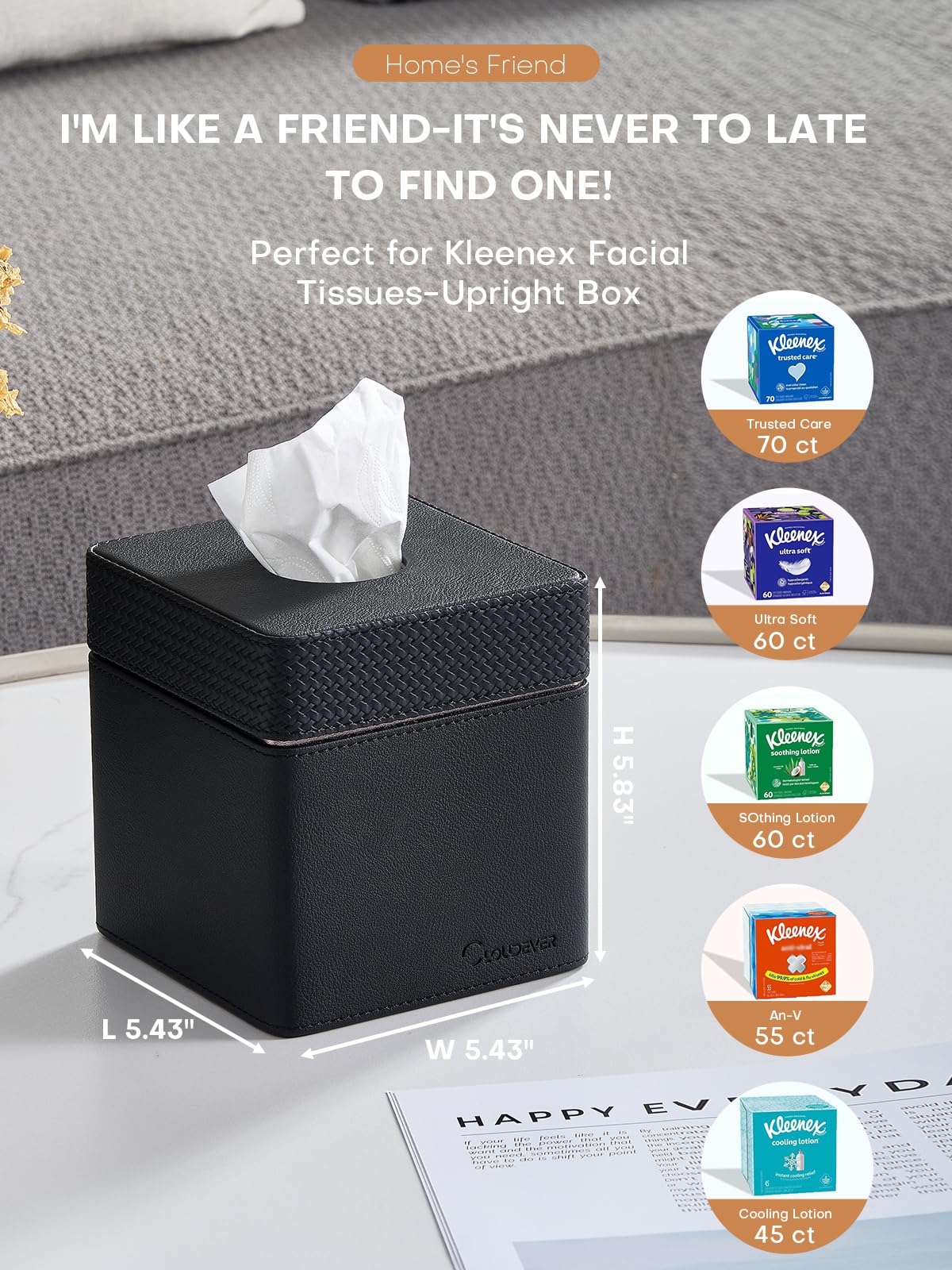 Cloudever Tissue Box Holder Cover, Modern Pu Leather Square Decorative Tissue Holder Organizer-Woven New Black