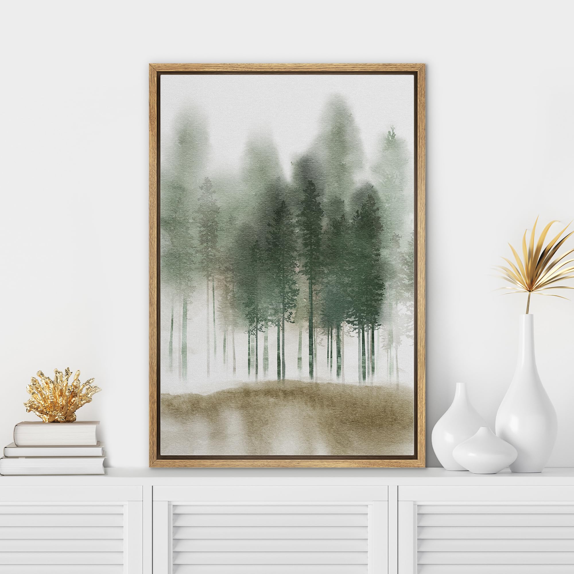 SIGNWIN Framed Canvas Print Wall Art Woodland Nursery Decor Pastel Watercolor Pine Tree Nature Modern Art Decorative Landscape for Living Room  Bedroom  Office - 16''x24'' NATURAL