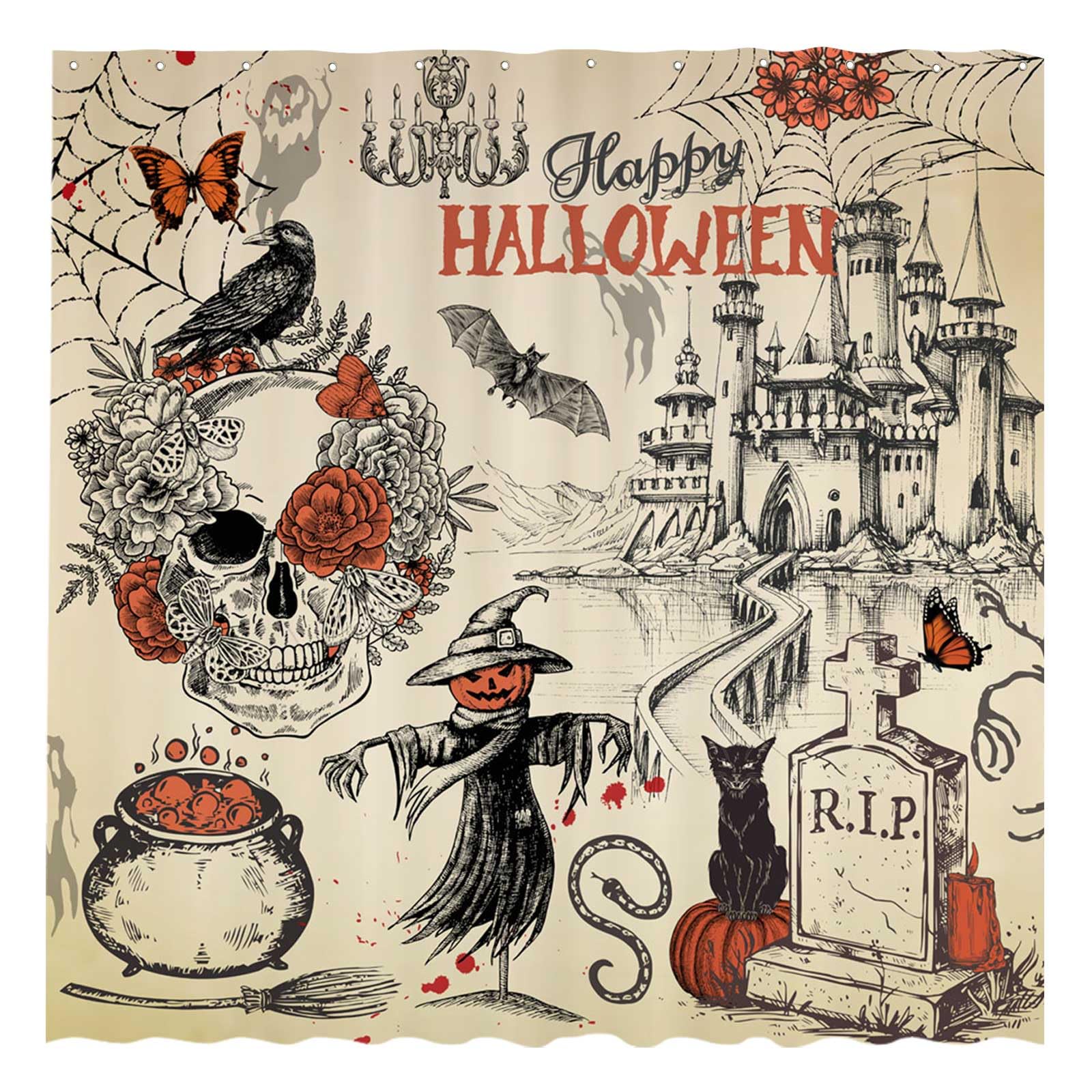 Funnytree 72''X72'' Vintage Halloween Gothic Skull Scarecrow Shower Curtain For Bathroom Decor Machine Washable (Hooks Not Inclu