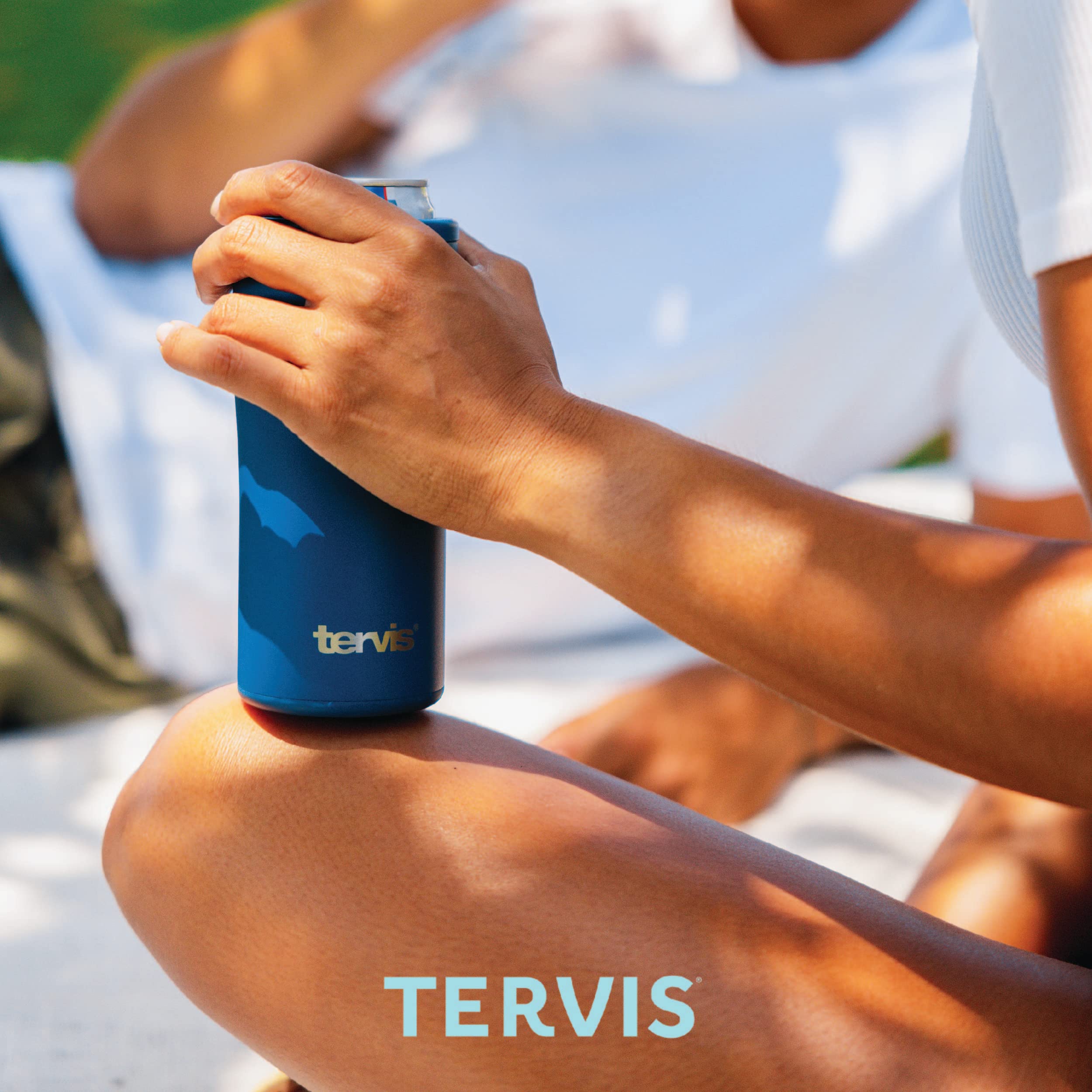 Tervis Deepwater Blue Powder Coated Triple Walled Insulated Tumbler Cup Keeps Drinks Cold & Hot, 12Oz Slim Can Cooler, Deepwater