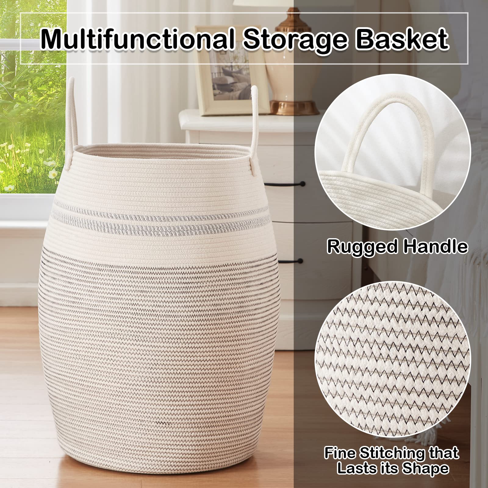 Oiahomy Laundry Hamper Woven Cotton Rope Large Clothes Hamper 25.6 '' Height Tall Laundry Basket With Extended Cotton Handles Fo