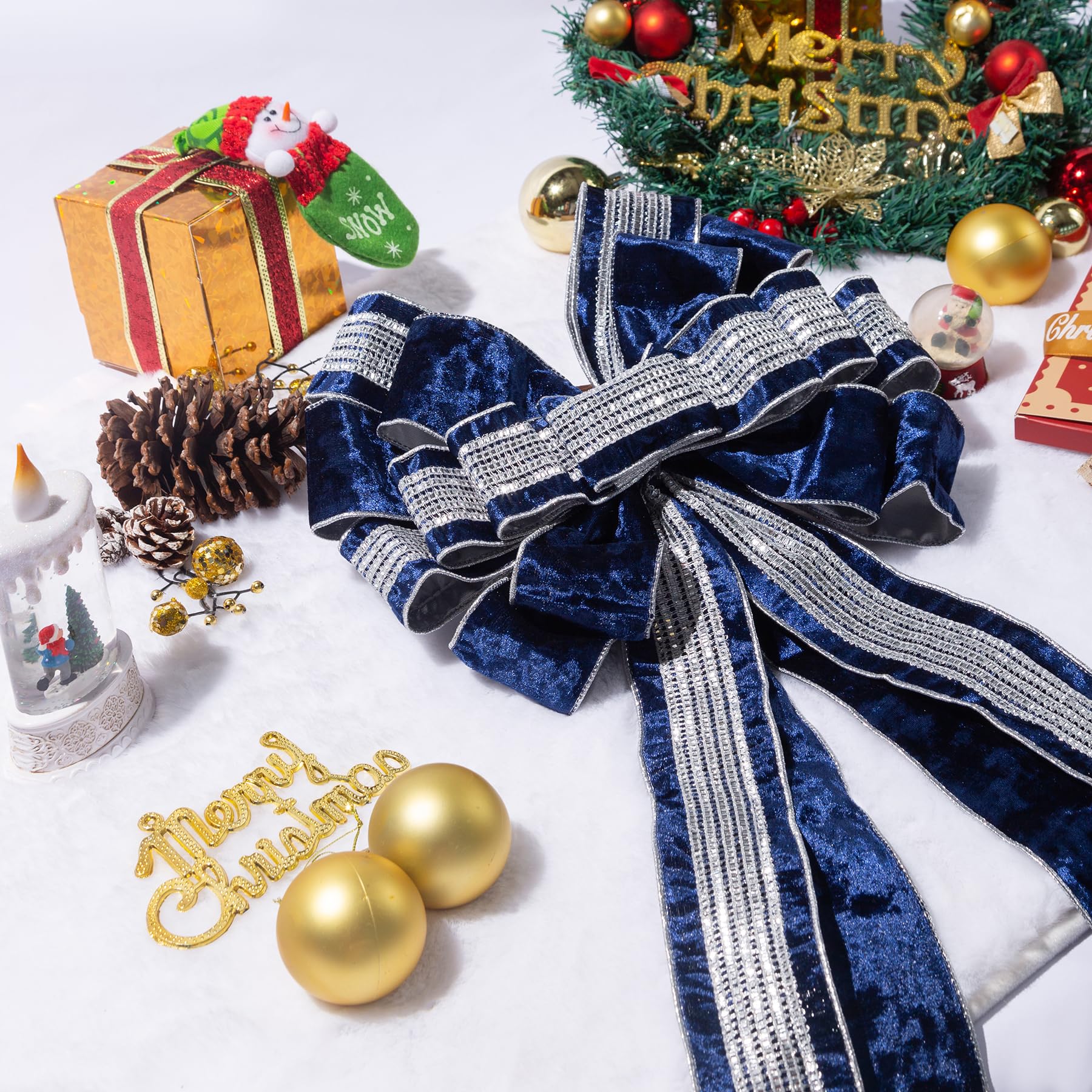 Christmas Tree Topper, 40x13 Inches Toppers Bow with Glitter Satin Mesh Streamer and Patterned Ribbon, Christmas Tree Topper Bow