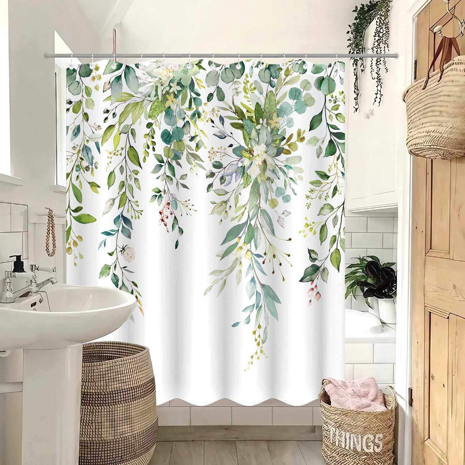 Zussun Green Eucalyptus Shower Curtain Watercolor Floral Plant Leaf Shower Curtains for Bathroom Sage Botanical Flower Waterproof Fabric Bath Curtain Decor with Hooks (Green  72'' x 72'')