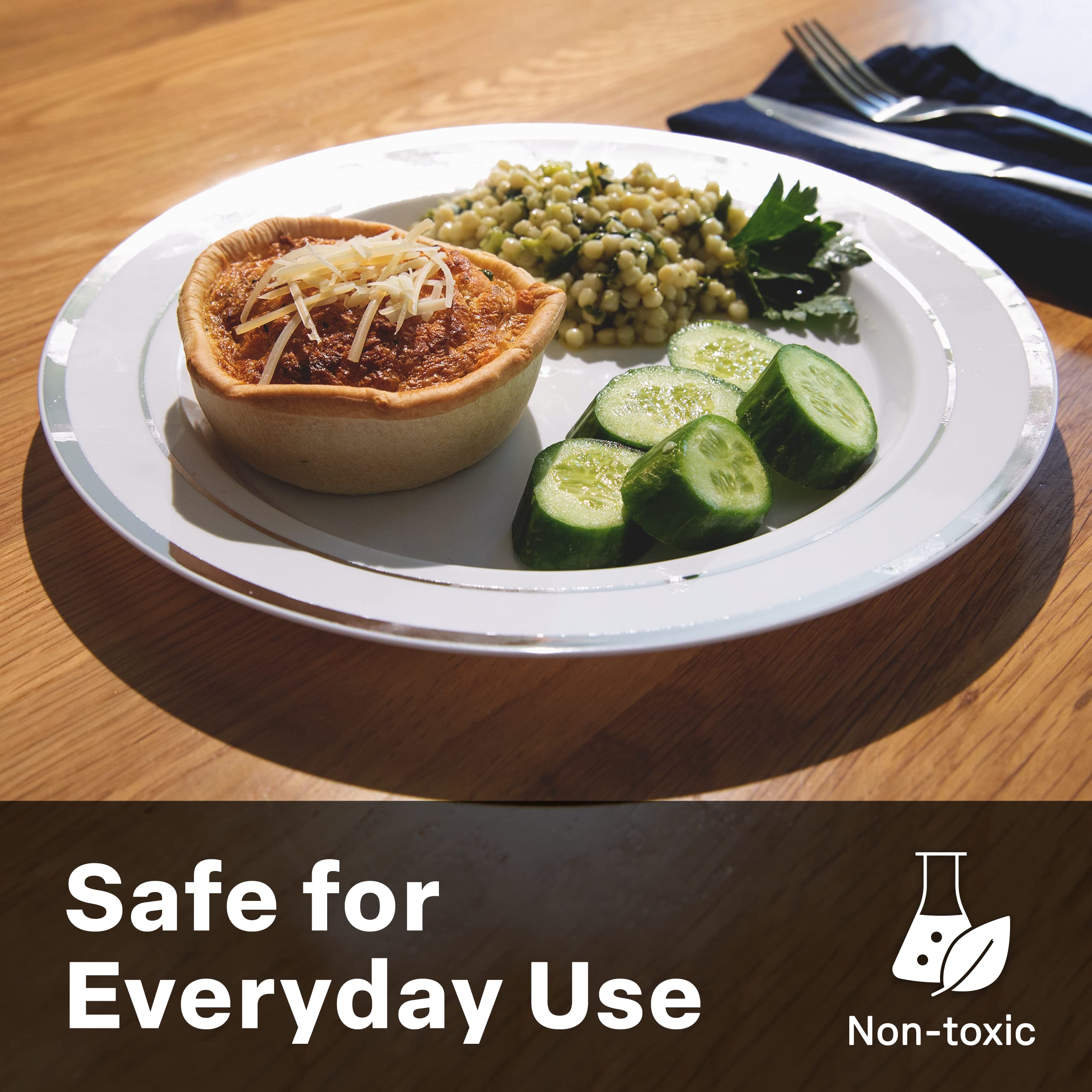 Aya'S Cutlery Kingdom 100 Plastic White Plates Disposable With Silver Trim, 50 Plastic Dinner Plates 10.25'' + 50 Salad, Dessert