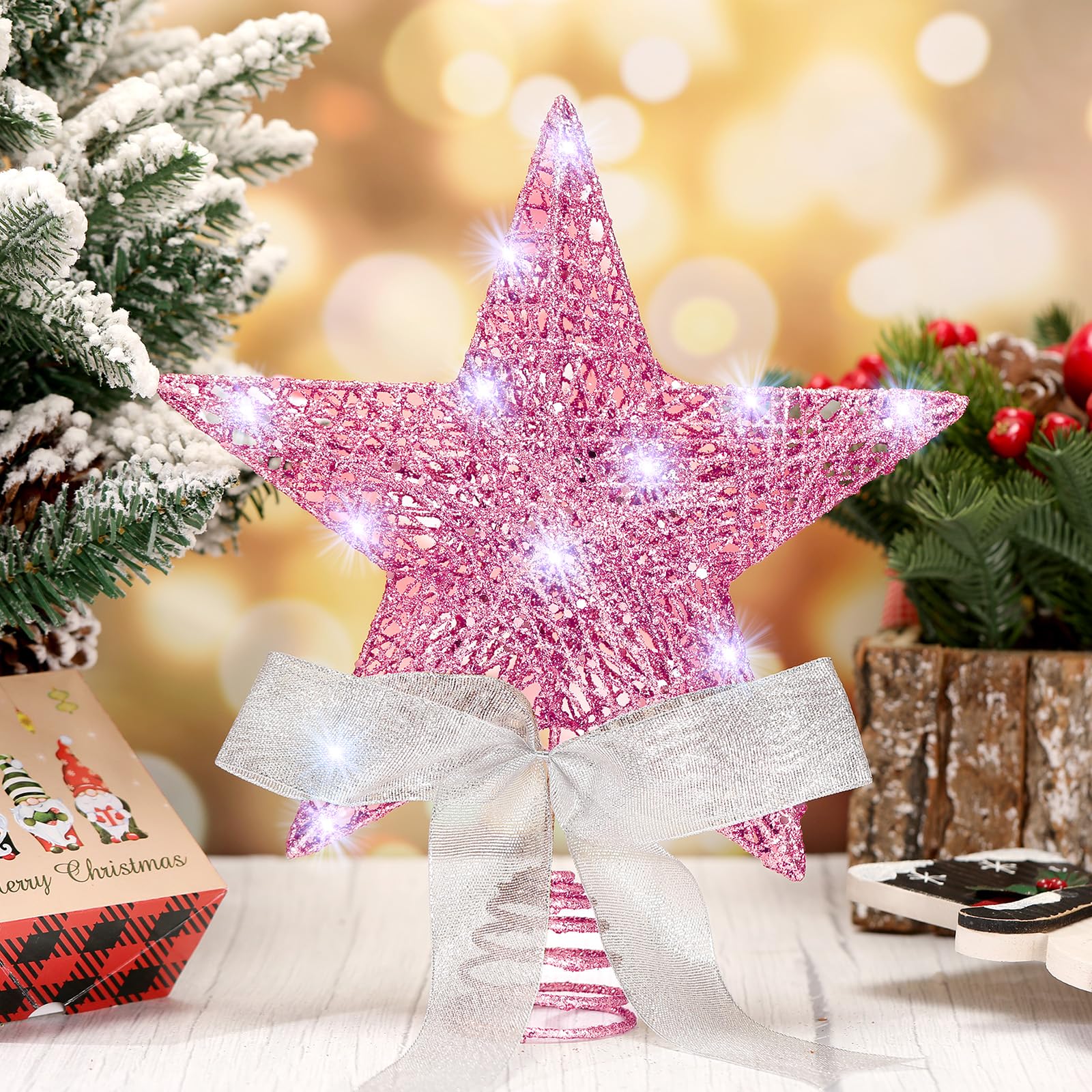 Sumind 10 Inch Christmas Star Tree Topper Glittered Star Metal Plug in Treetop Ornaments with Bow and 30 LED String Light for Ch