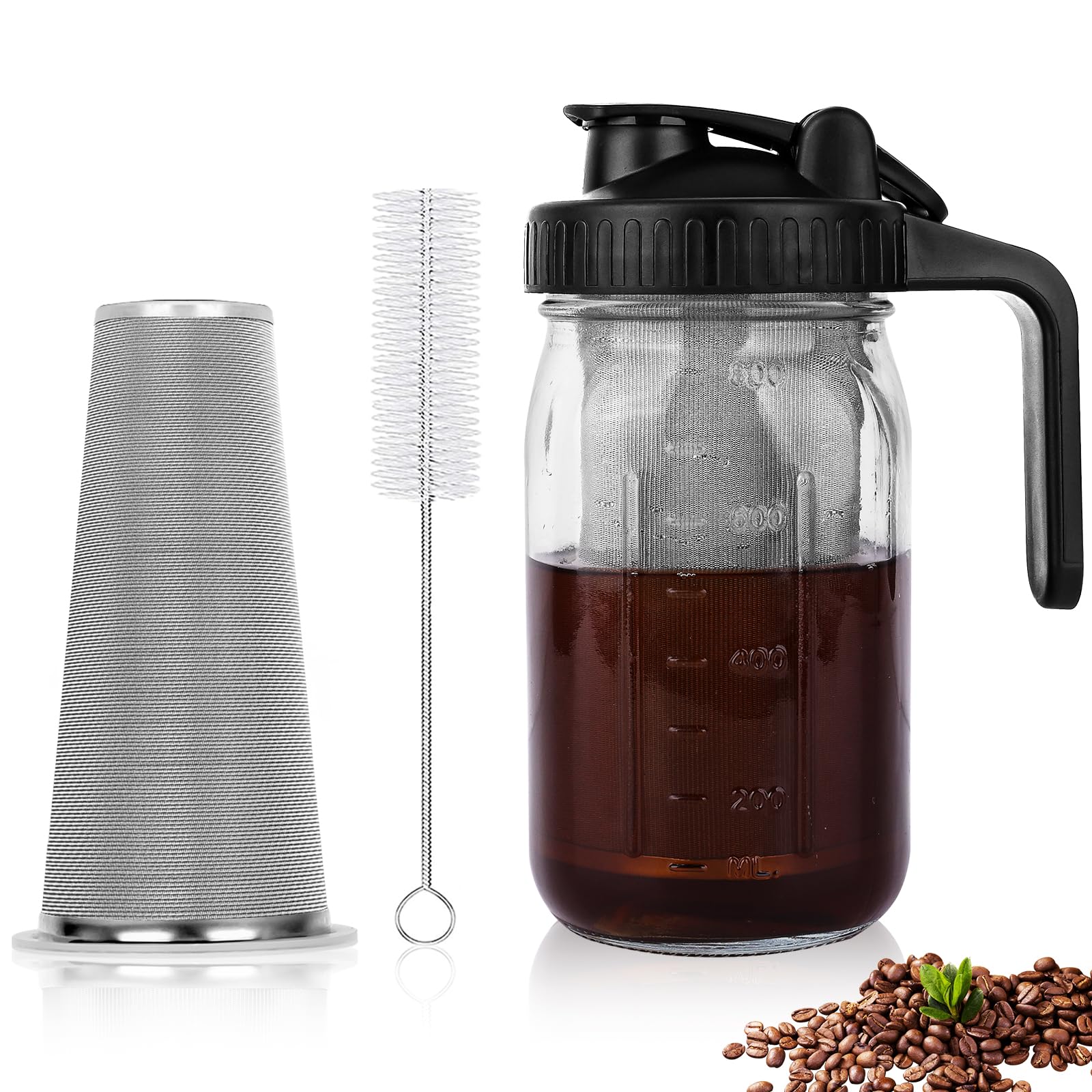 QHH Cold Brew Coffee Maker, 64 oz Wide Mouth Mason Jar Pitcher with Stainless Steel Filter, Pour Spout Handle Lid, Heavy Duty Gl