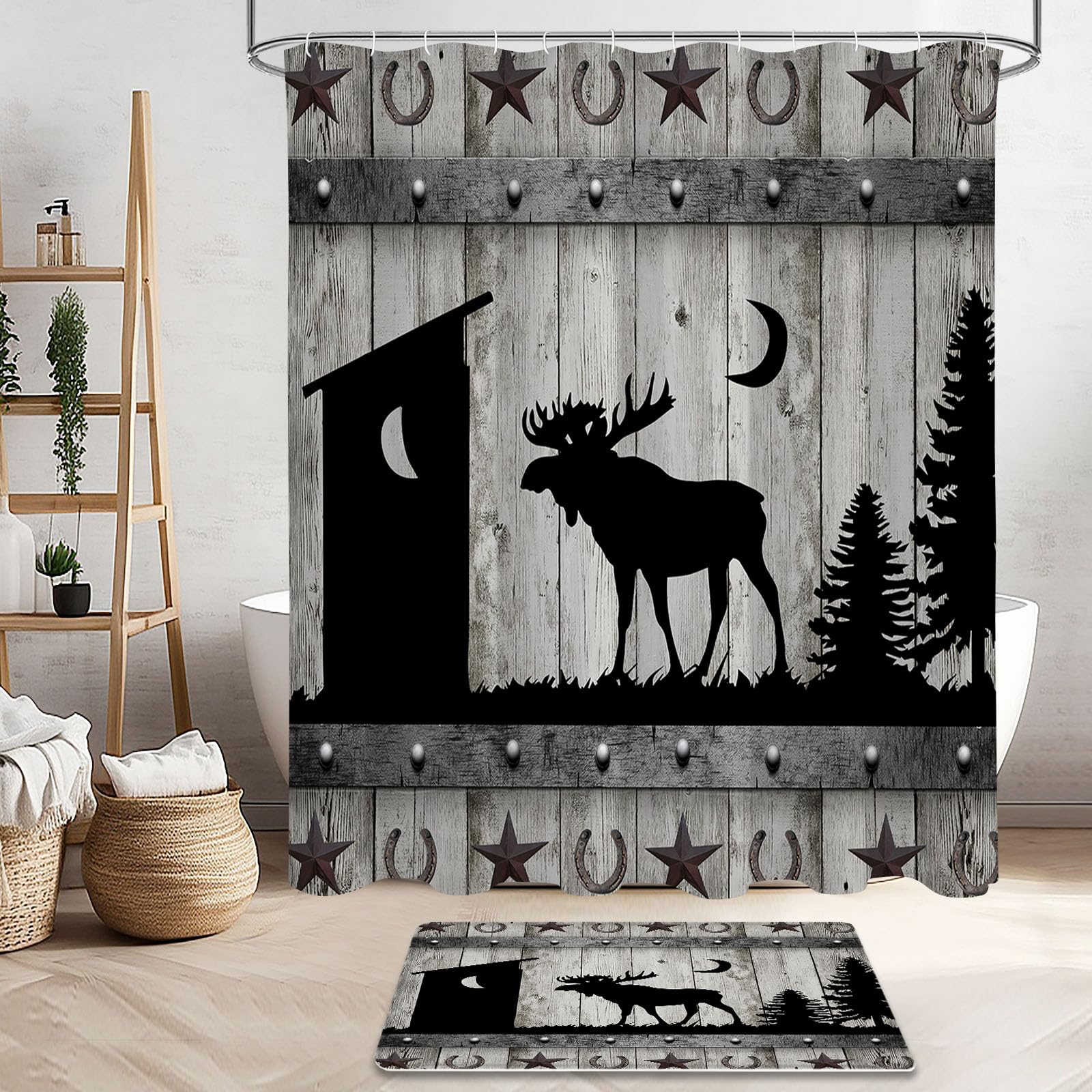 Litabel 4 Pcs Forest Deer Shower Curtain Set With Non-Slip Rugs, Toilet Lid Cover And Bath Mat, Wooden Bathroom Decor Set With S