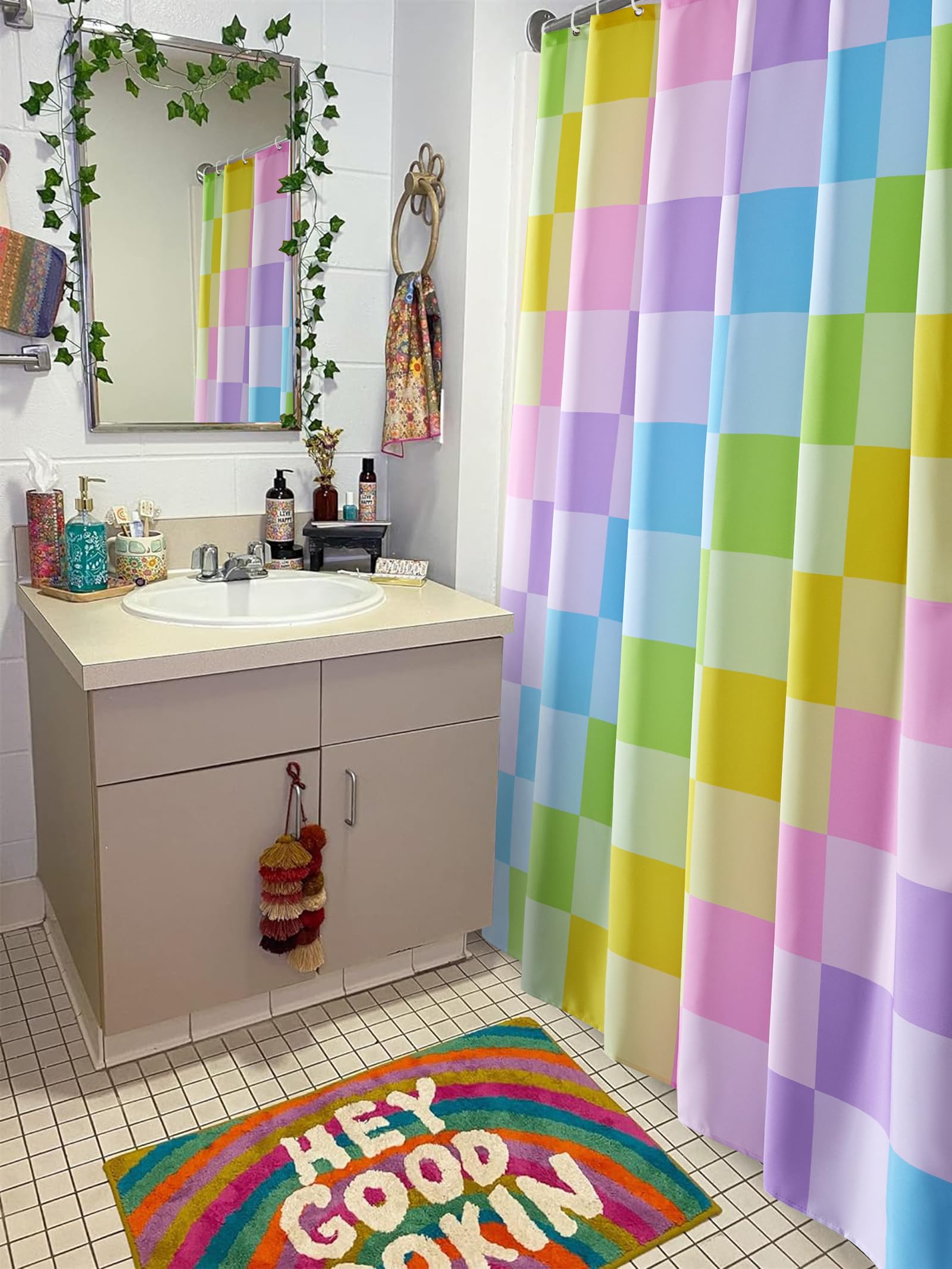 Roomtalks Multicolored Checkered Retro Fabric Shower Curtain For Bathroom, Heavy Duty Iridescent Rainbow Colorful Modern Simple