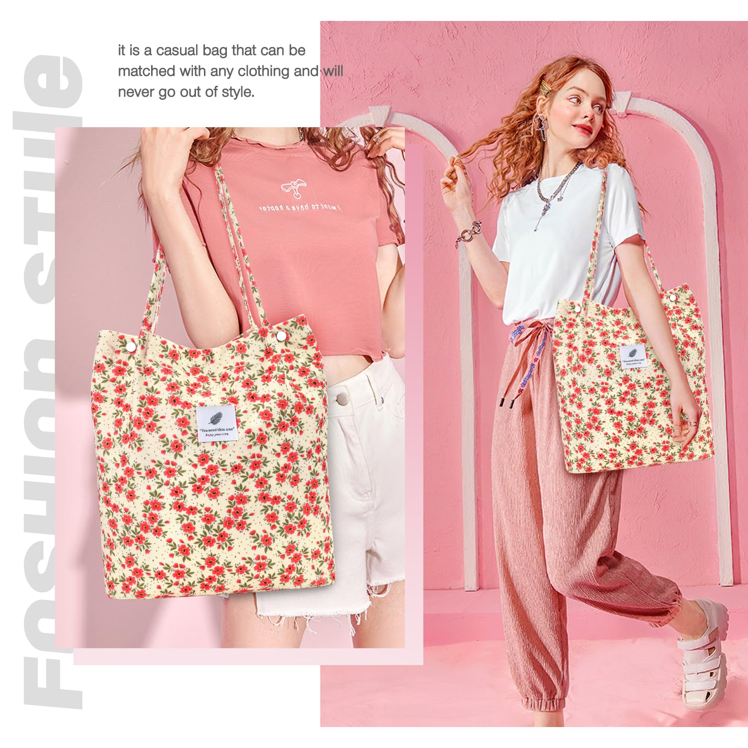 Lhmtqvk Corduroy Tote Bags For Women, Large Capacity Corduroy Bag Reusable Grocery Shoulder Bag With Inner Pockets(Floret)