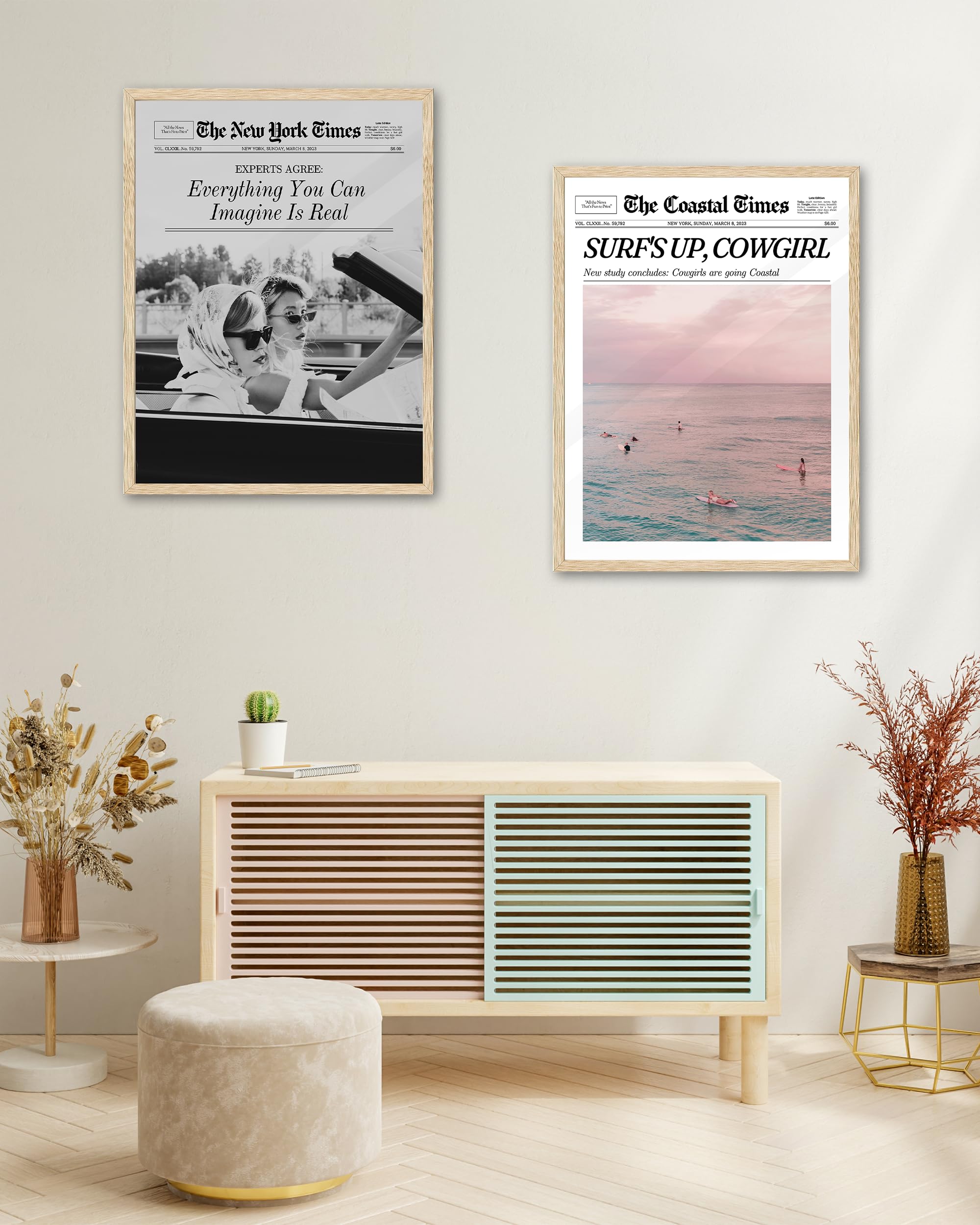 Ihery Framed Trendy Coastal Cowgirl Newspaper Wall Art Prints,Beige Oak Wood 12X16In Canvas Wall Decor For Bedroom,New York News