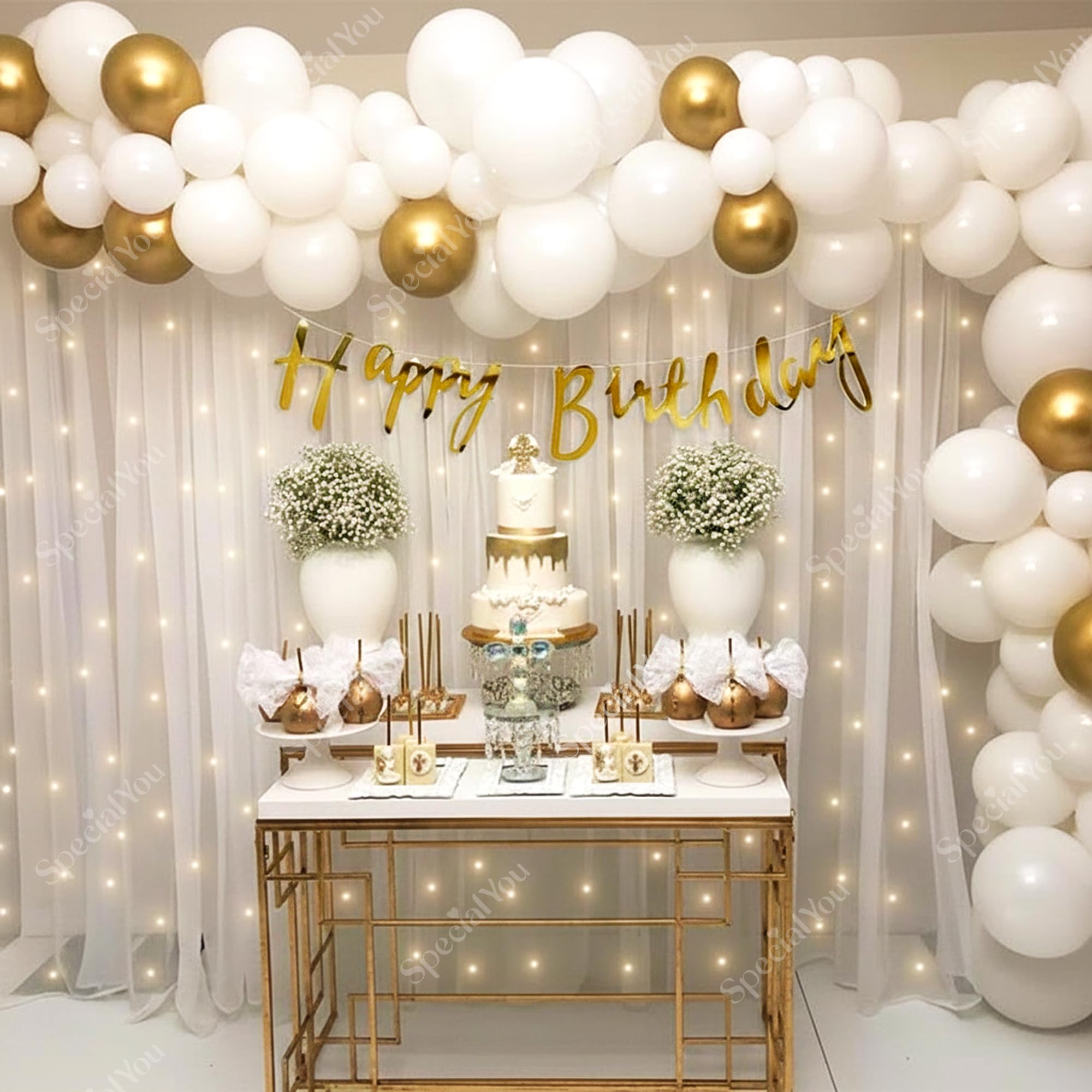 Specialyou.In White & Gold Birthday Decoration Kit, Birthday Backdrop For Decor, White Net Curtain For Decoration Backdrop, Back