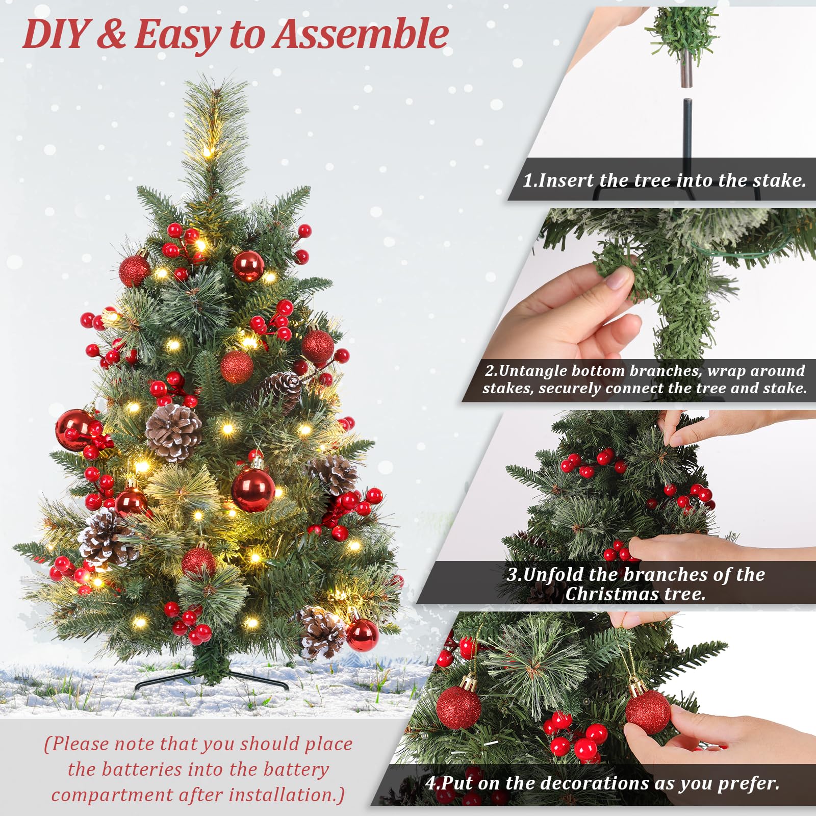 TOWPONICS Set of 2 Outdoor Pathway Christmas Trees with Lights, 30in Prelit Battery Operated Artificial Xmas Tree Holiday D  cor
