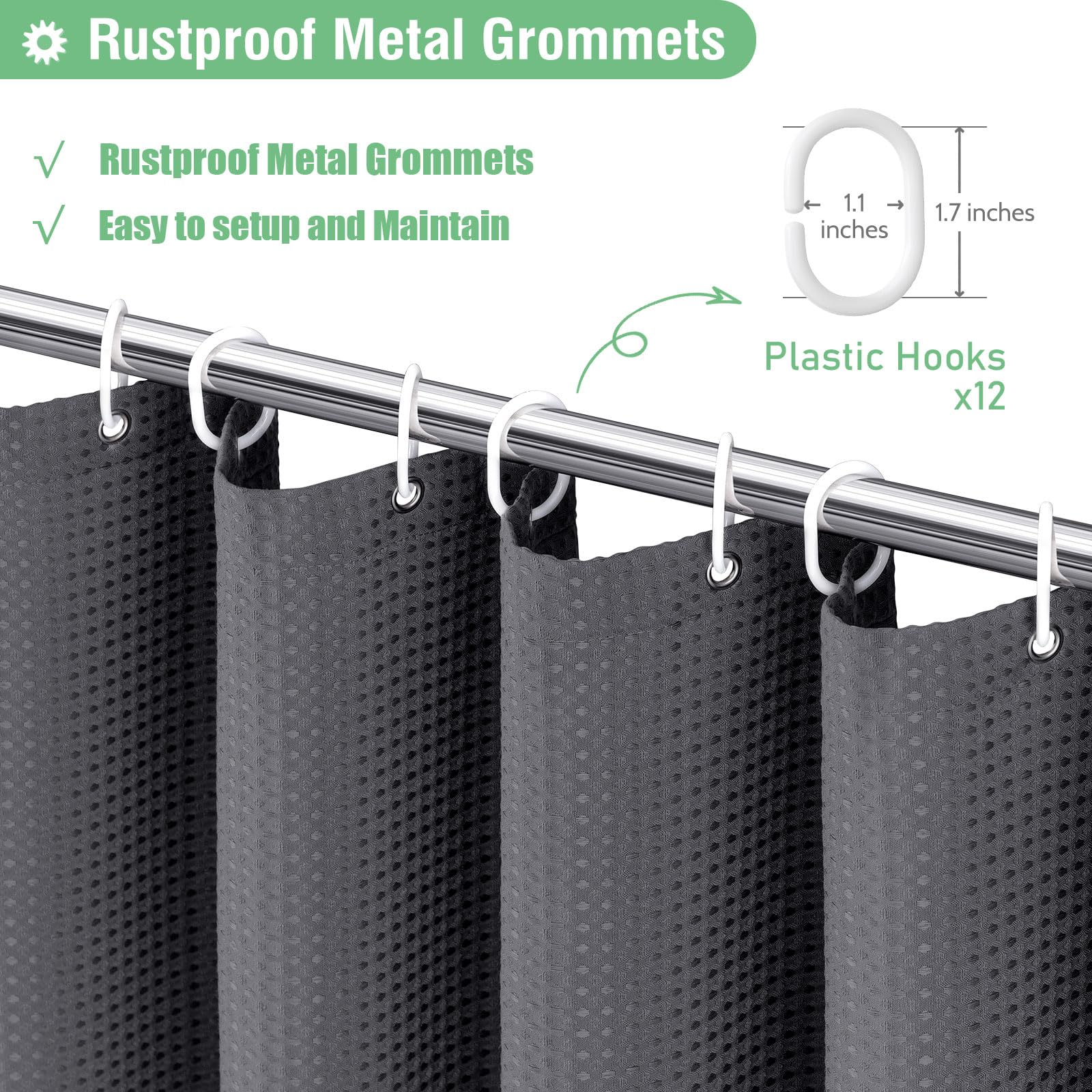 Dynamene Charcoal Grey Fabric Shower Curtain - Waffle Weave Textured Heavy Duty Cloth Shower Curtains for Bathroom  256GSM Hotel Luxury Weighted Bath Curtain Set with 12 Plastic Hooks 72x72