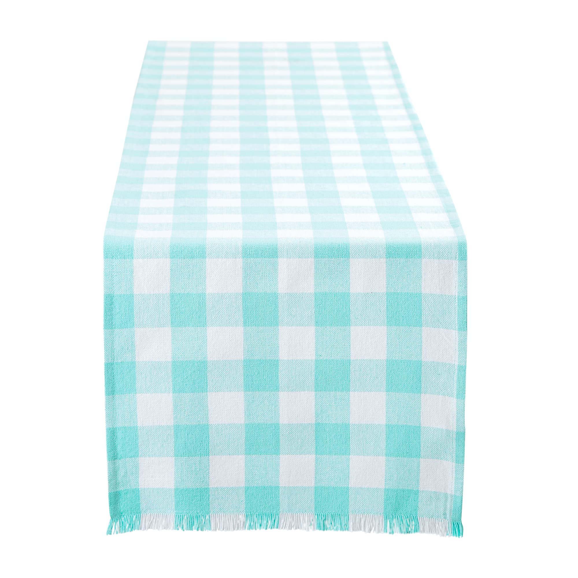 Dii Heavyweight Fringed Check Tabletop Collection, Table Runner, 14X72, Aqua