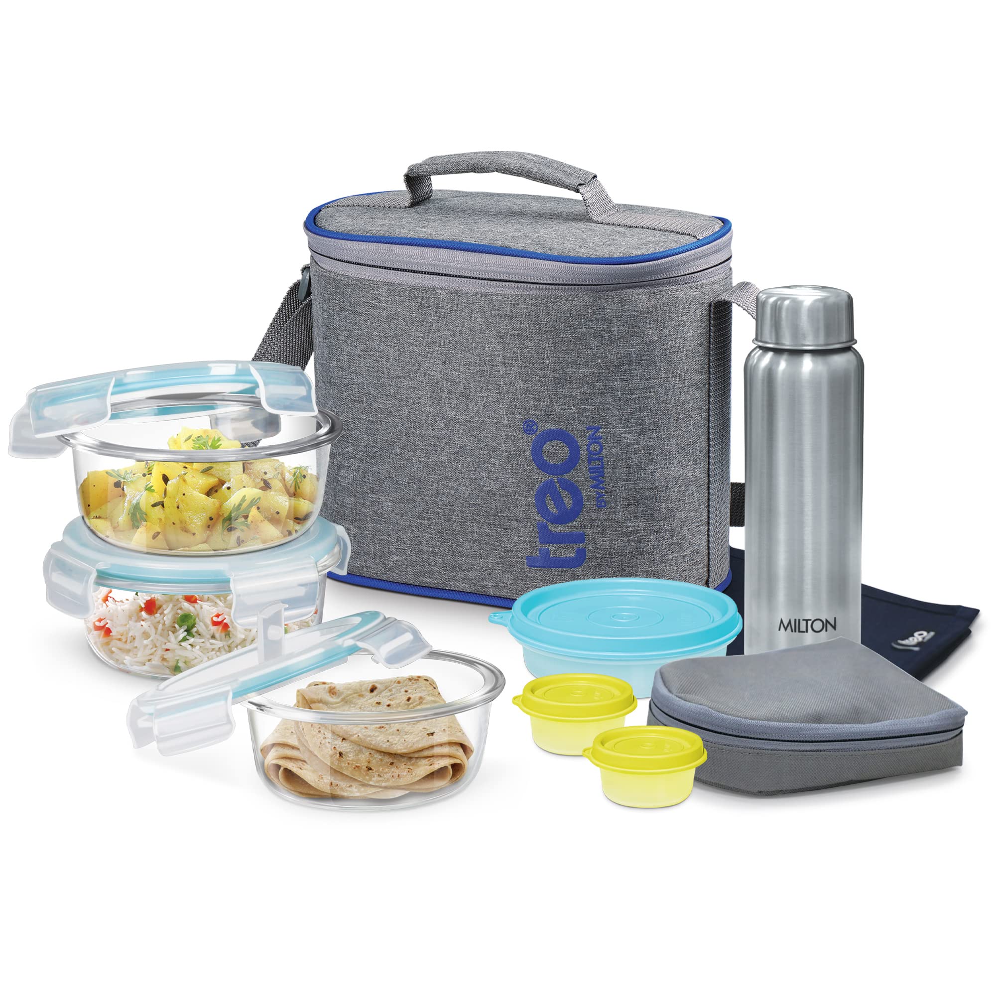 Treo By Milton All Fresh Premier Glass Tiffin Set of 8 (3  Containers, 400 ml Each; 1  Steel Bottle, 750 ml; 2  Pickle/Chutne