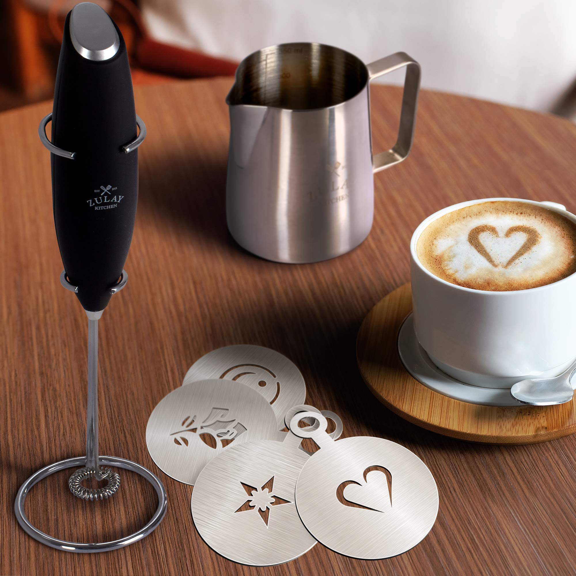 Zulay Kitchen Premium Gift Milk Frother Complete Set - Handheld Foam Maker, Stencils & Frothing Pitcher Set - Whisk Drink Mixer