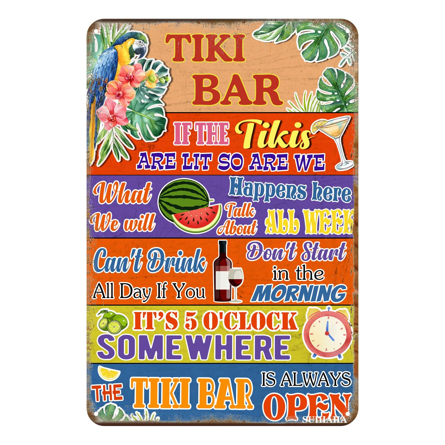 Tiki Bar Metal Sign for Outside Patio Decor for Tropical Birthday Party Sign for Home Bar Kitchen Backyard 12x8 Inches