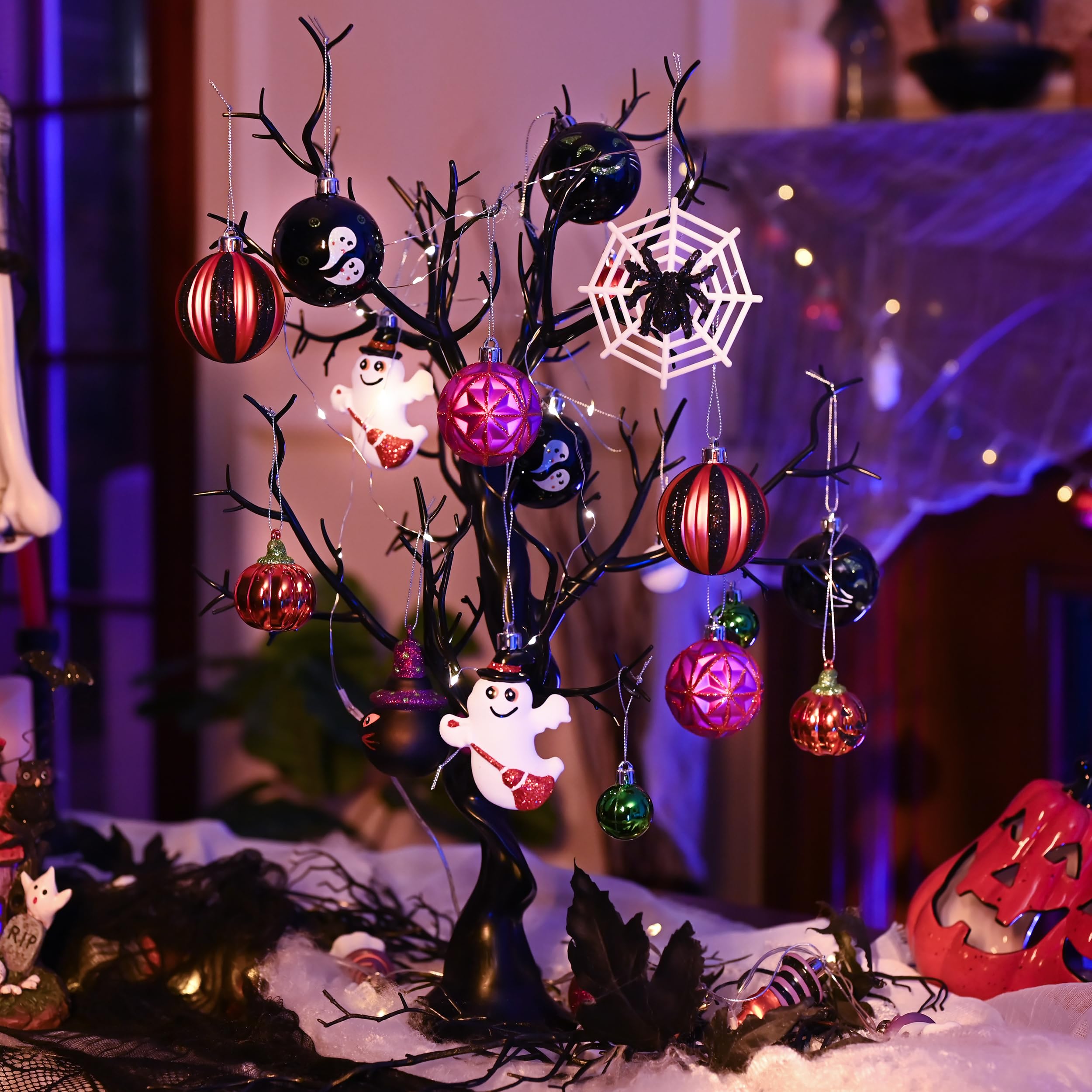 Valery Madelyn Halloween Ornaments Tree Decorations, 40ct Medium Shatterproof Ghost Cat Jack-o -Lantern Pumpkin Hanging Ball Orn