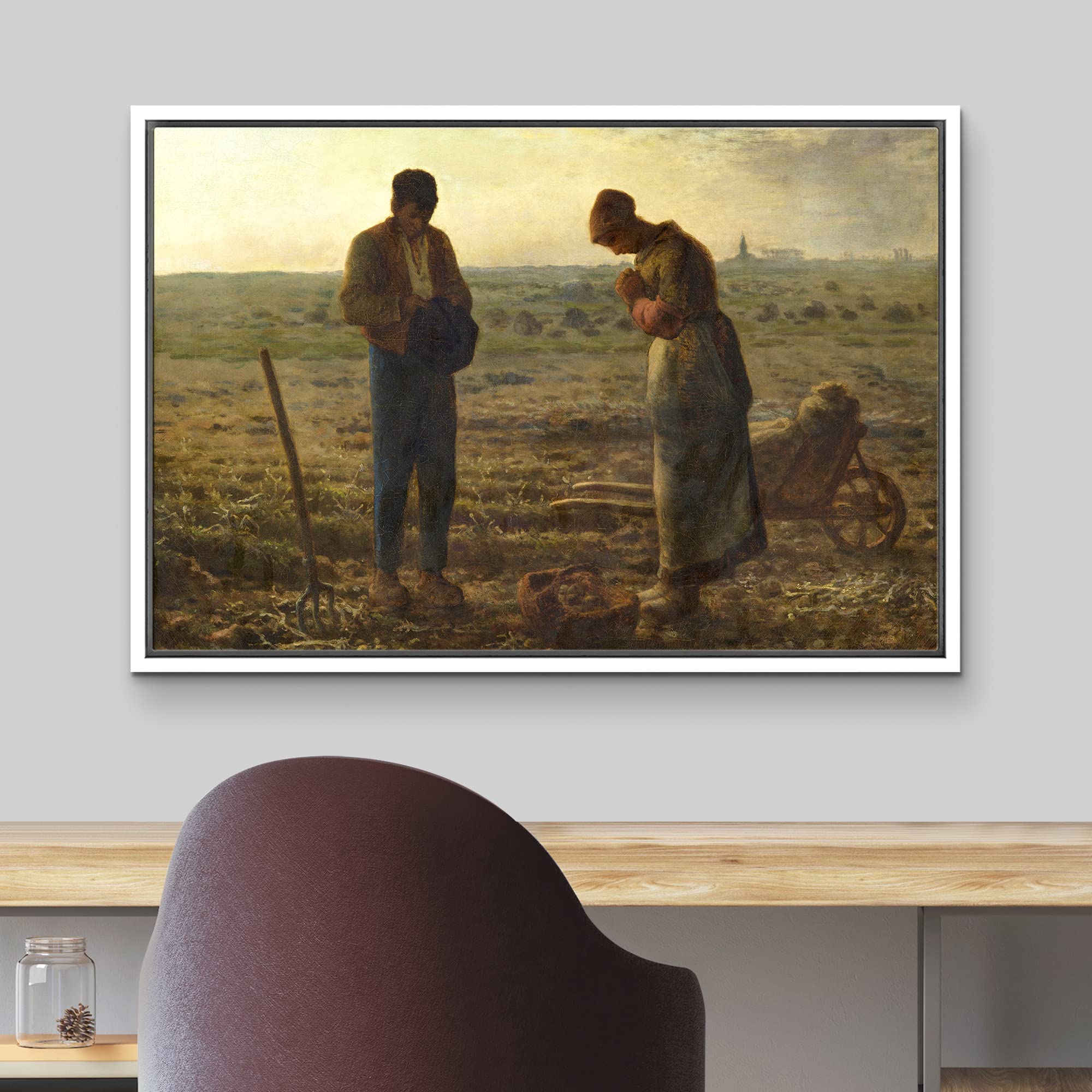 Wall26 - The Angelus By Jean-Francois Millet - Framed Canvas Print Wall Art Famous Painting Reproduction - 24''X36'' White