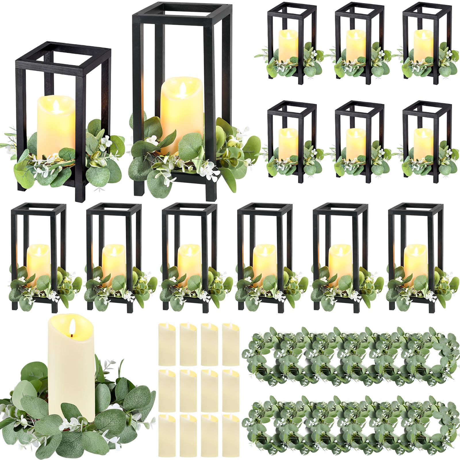 Geelin 12 Set 10.59  , 13   Black Wooden Lanterns for Wedding Centerpieces Include 12 Wooden Lantern 12 LED Candle 12 Eucalyptus