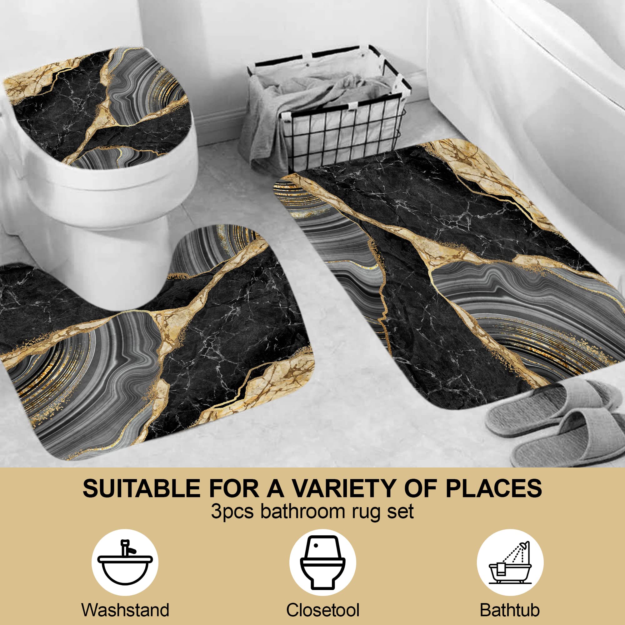 Beifivcl 4Pcs Marble Shower Curtain Sets, Bathroom Decor Sets, Luxury Shower Curtain With 12 Hooks, Bath Mat, Toilet Lid Rug And