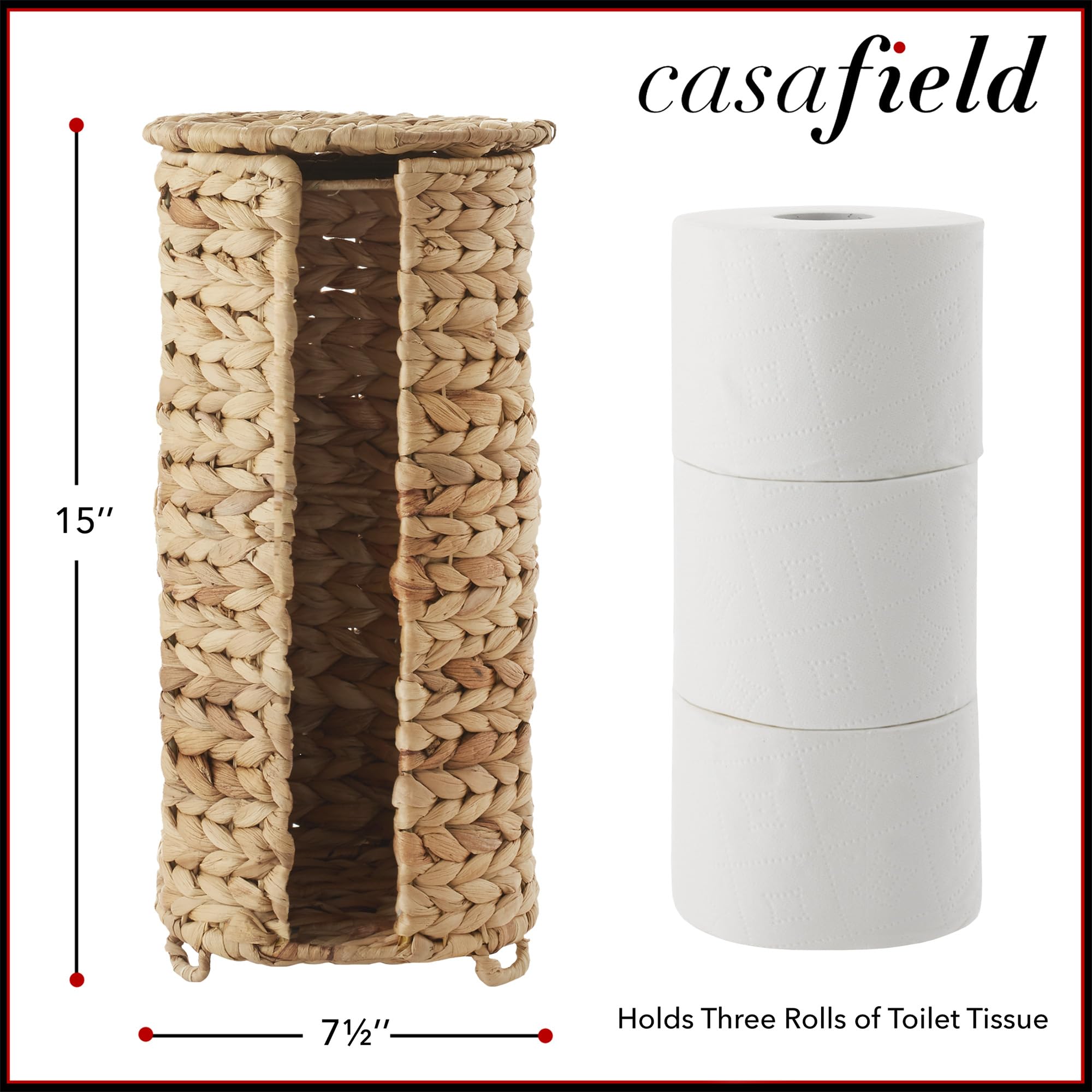 Casafield Free Standing Toilet Paper Storage Roll Holder with Lid - Natural, Fits 3 Rolls, Water Hyacinth Bath Tissue Organizer