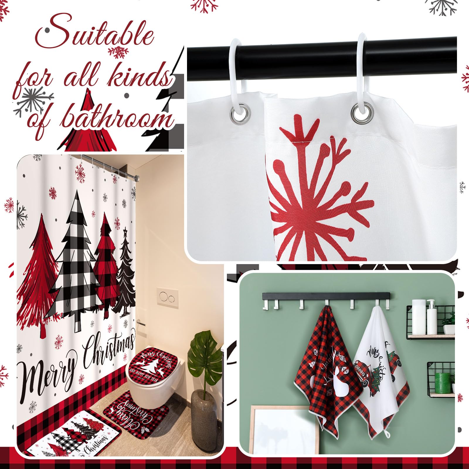 Honoson 8 Pcs Christmas Shower Curtain Set with Rugs and Kitchen Towels Buffalo Plaid Christmas Tree Bathroom Decor Merry Christ