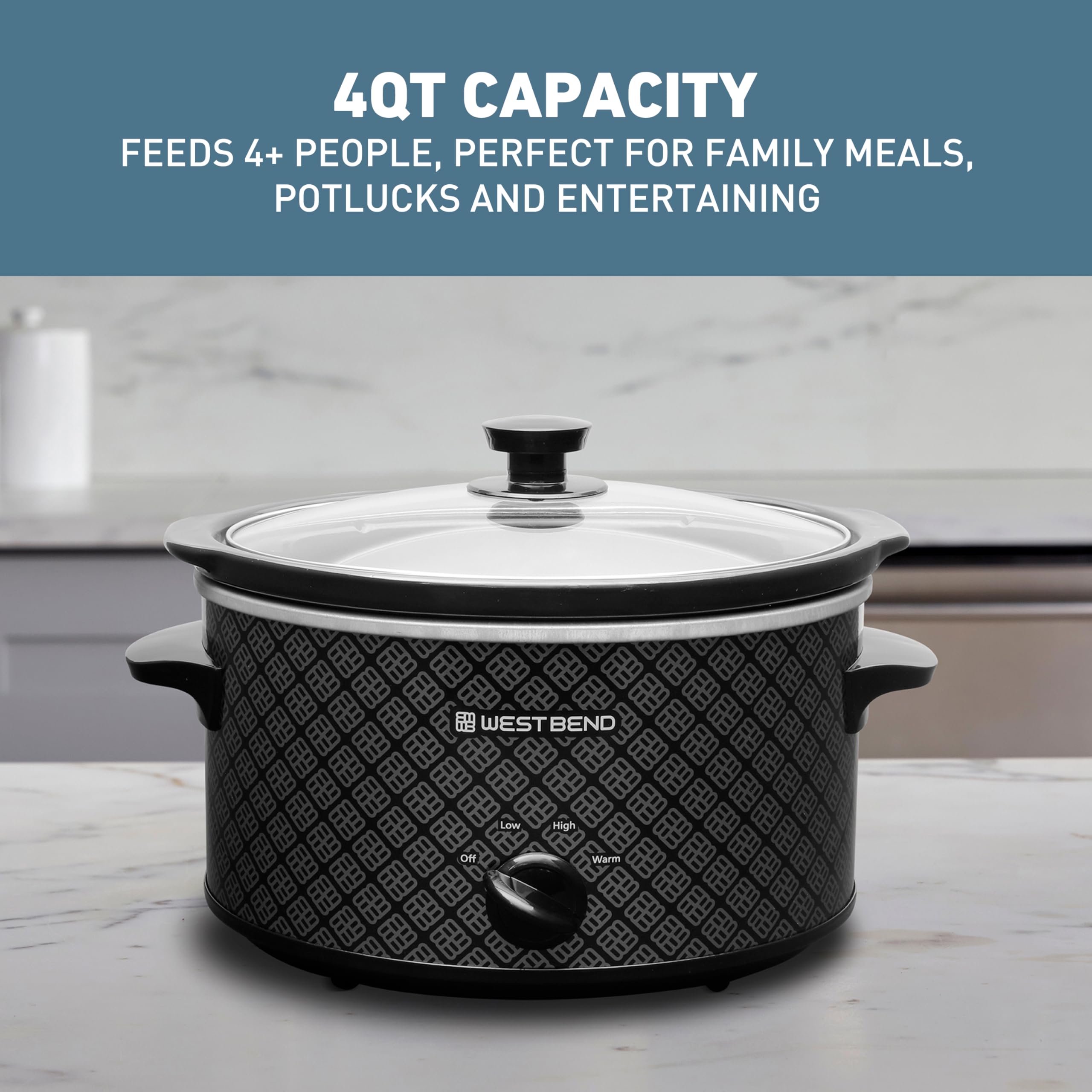 West Bend Slow Cooker 4-Quart Manual Crockery Style With Dishwasher Safe Oval Ceramic Crockpot And Glass Lid Two Temperature Set