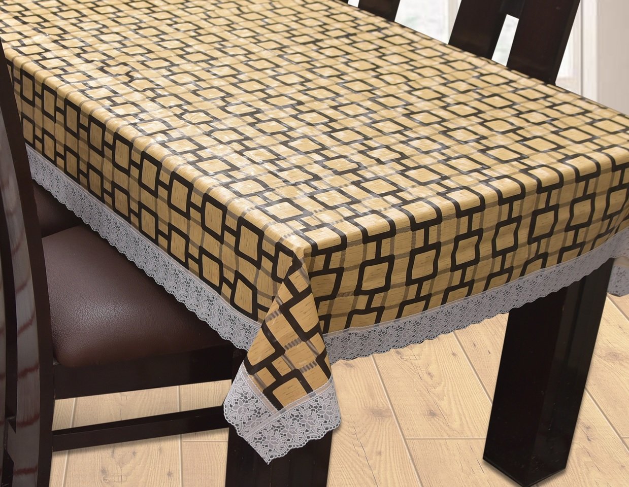 Yellow Weaves Plastic Geometric Waterproof Rectangular 6 Seater Dining Table Cover (Brown, 60X90 Inches)