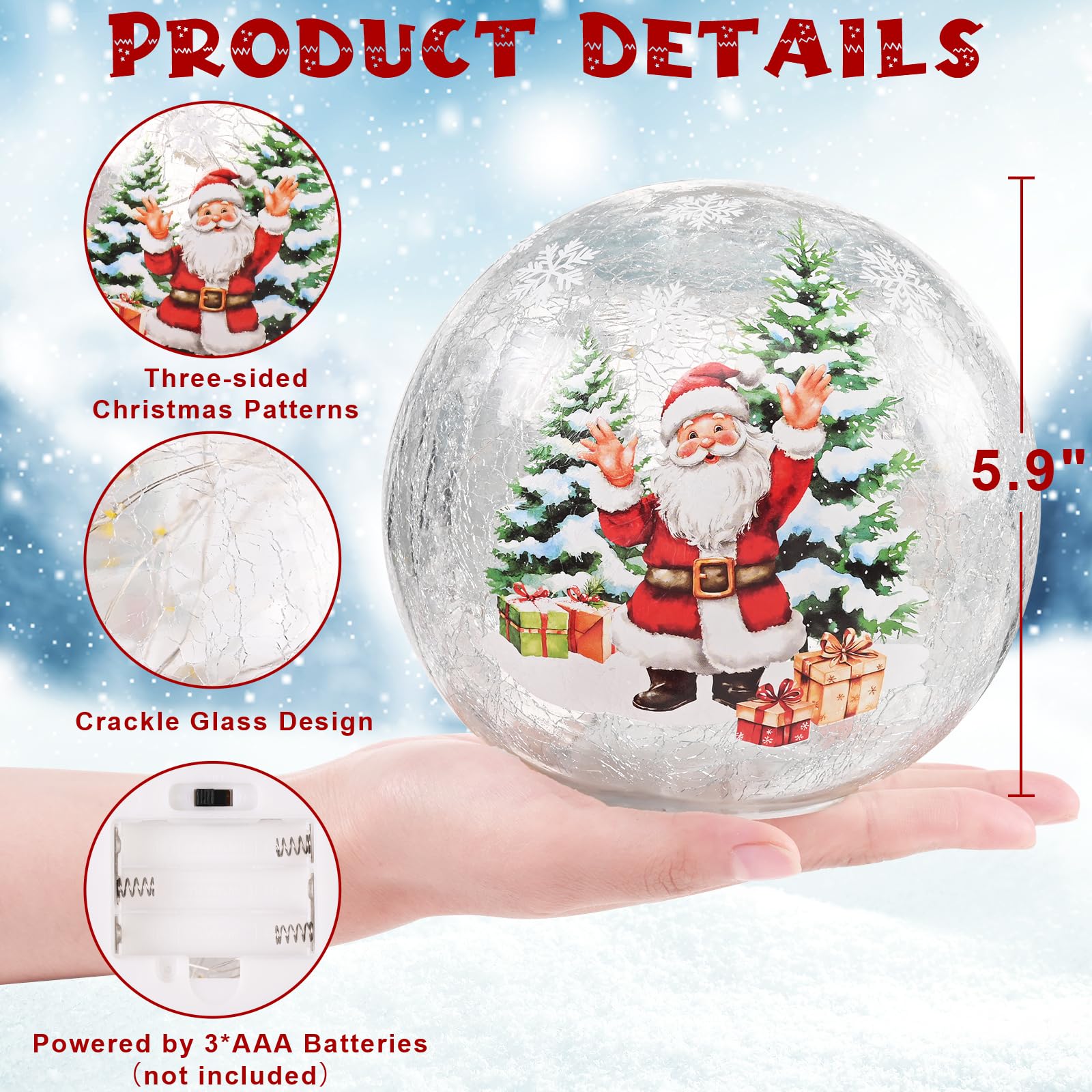 Yinhua Christmas Decorations Indoor, 5.9 Light Up Christmas Tree Crackle Glass Balls, Lighted Deer Santa Snowman Globe Light wit