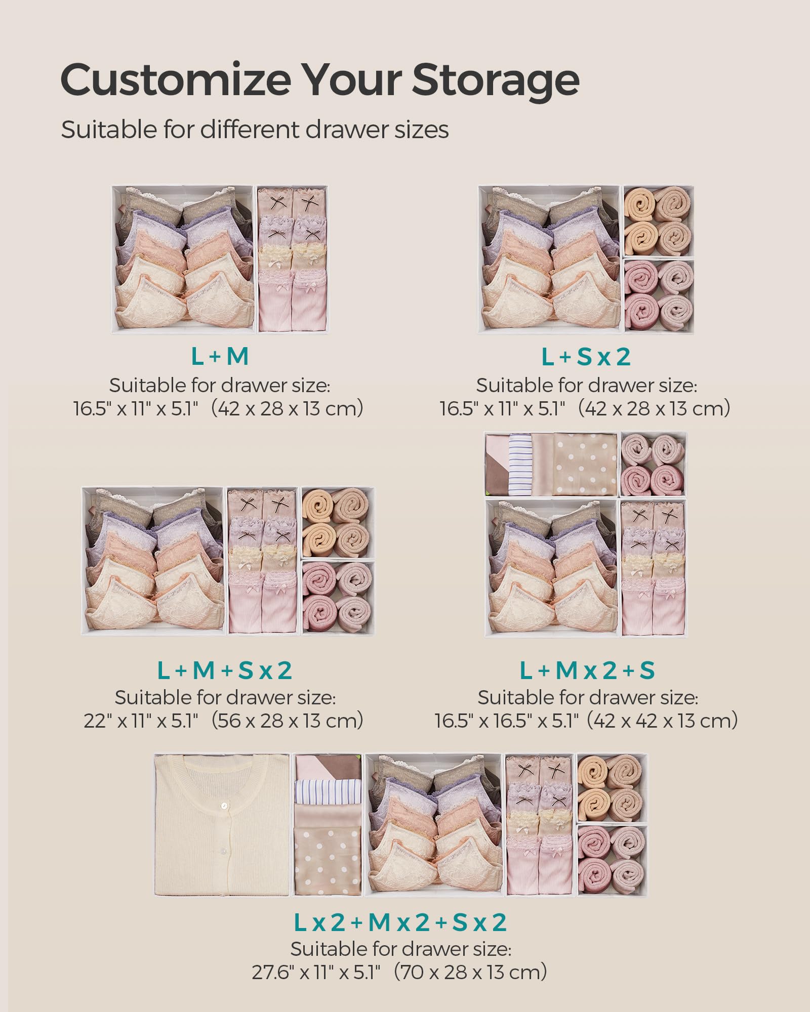 SONGMICS Drawer Organizer,Dresser Drawer Organizers, Set of 12, Foldable Fabric Storage Bins for Socks, Underwear, Bras, Ties, S