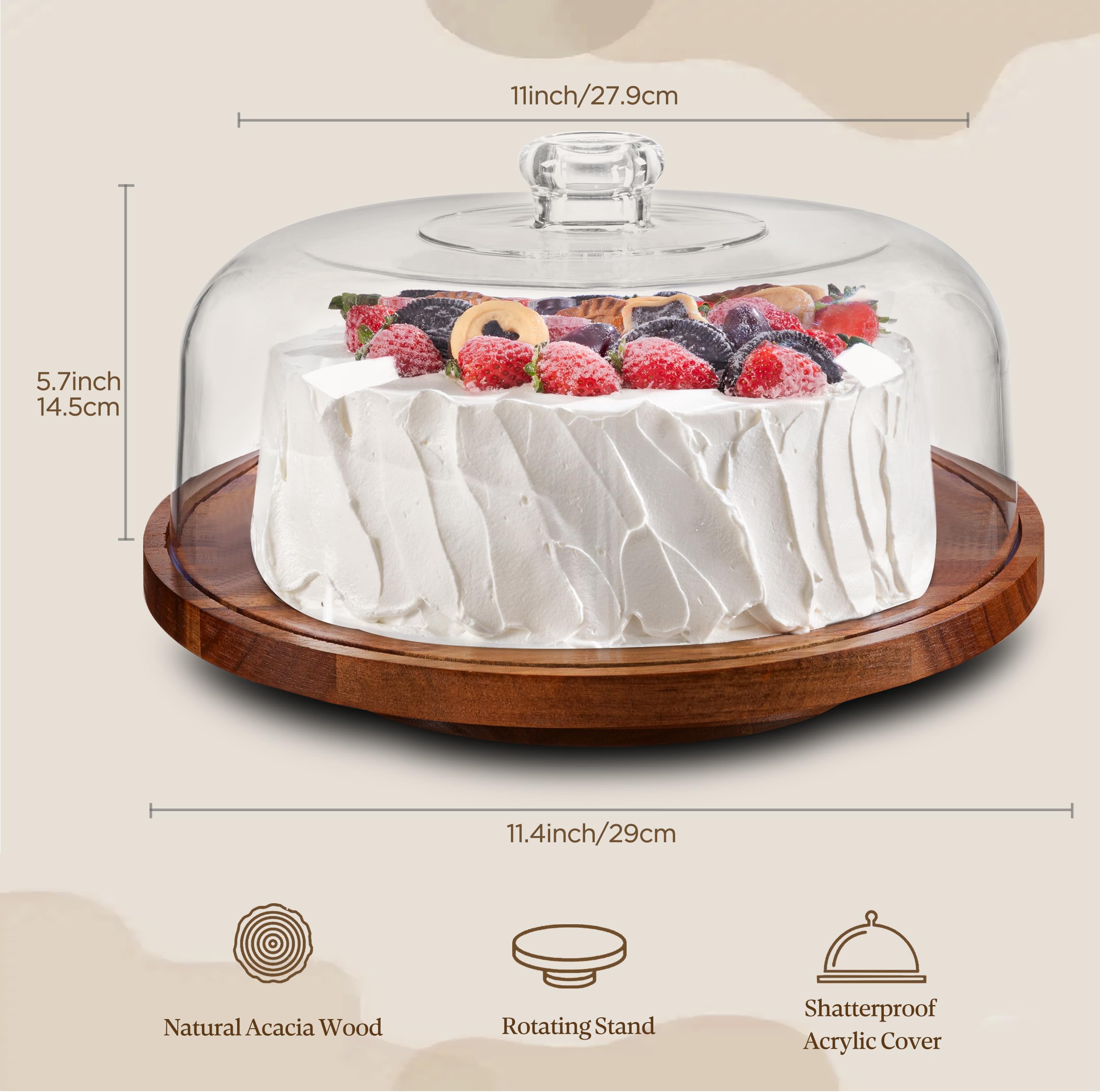 Hblife Cake Stand With Lid Rotating Cake Stand With Acrylic Dome Acacia Wood Cake Plate Display With Cover For Baking Gifts, Bir