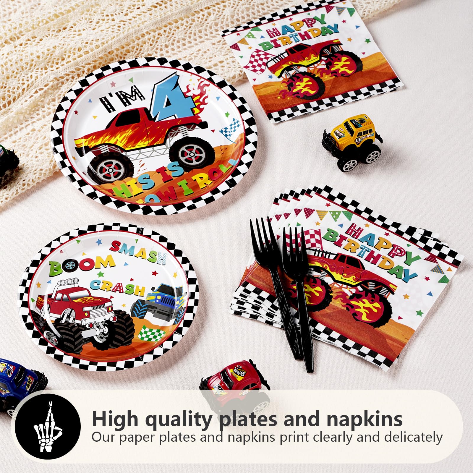 96 Pcs Monster Truck 4Th Birthday Party Supplies 350 Gsm Monster Truck Plates And Napkins Checkered Tableware Set Monster Birthd