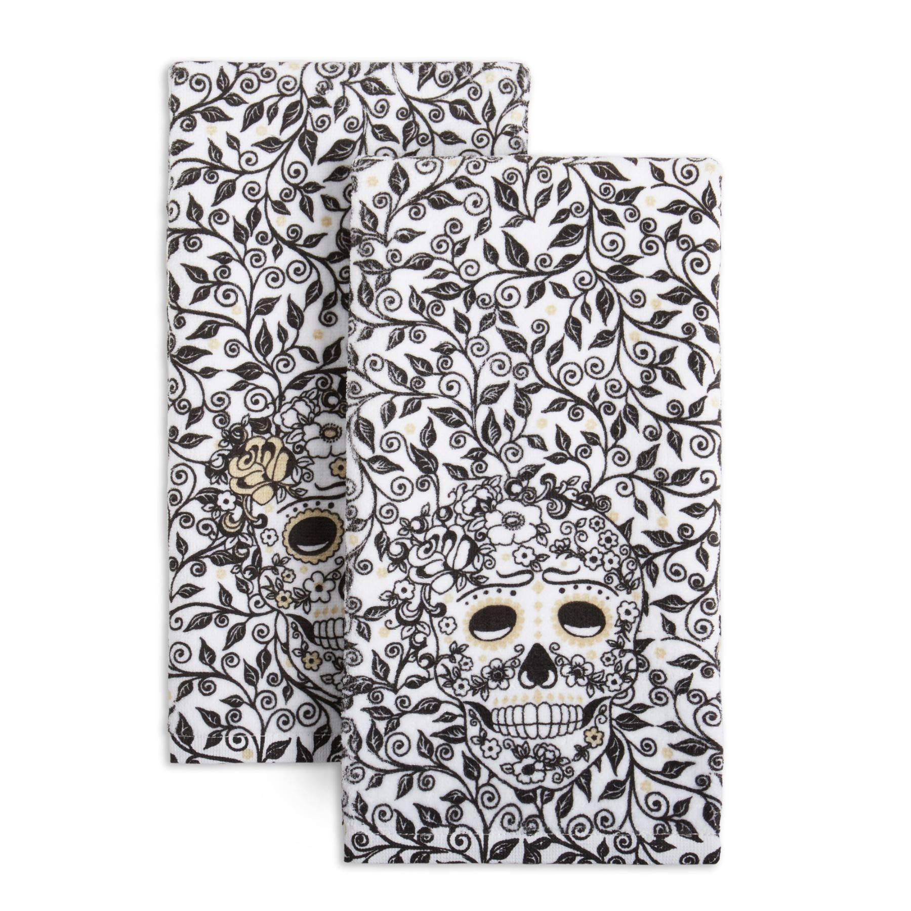 Fiesta Skull & Vine Kitchen Towel Set, 16x28,Cotton, Black & White