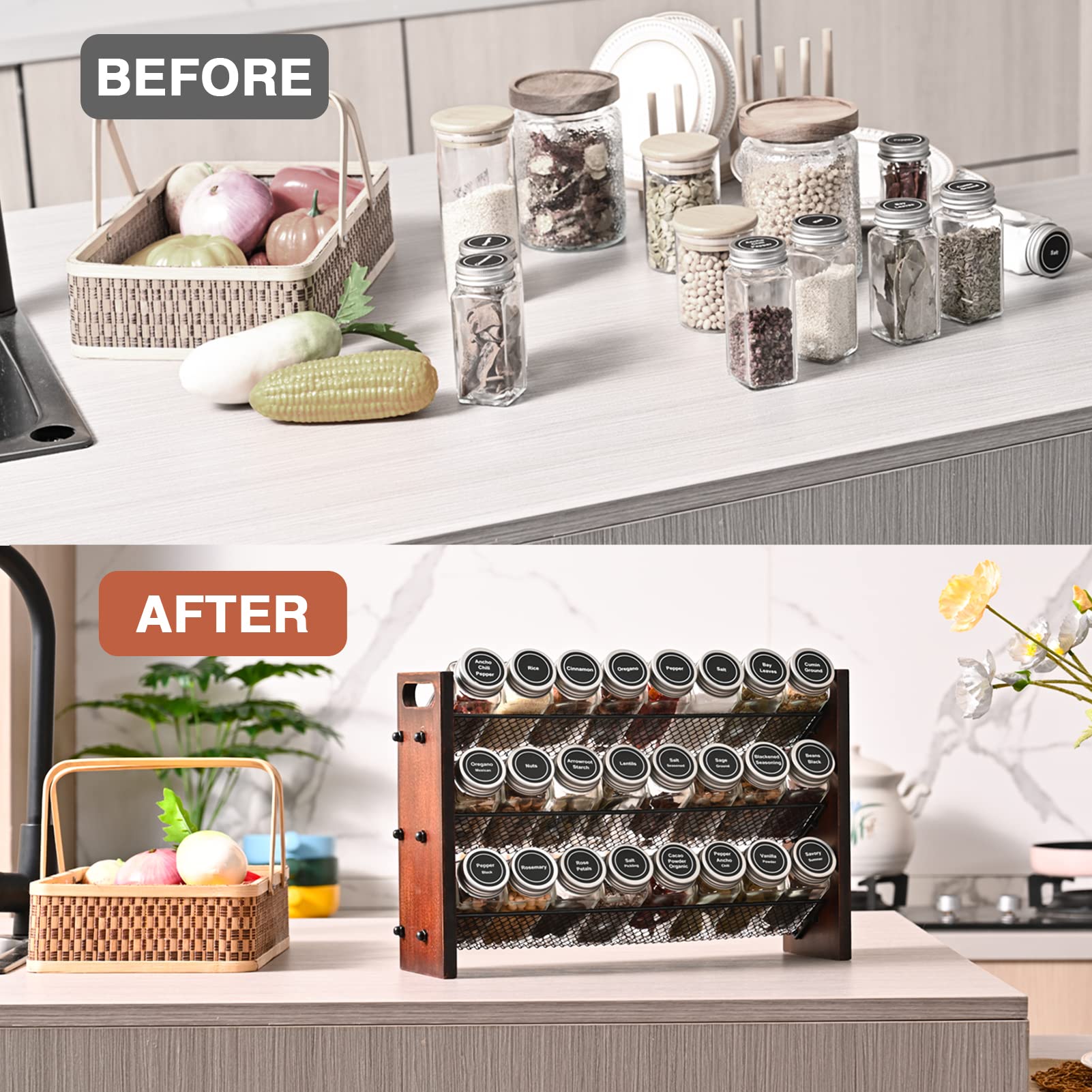 Roykoota Spice Rack, Spice Rack Organizer without Seasoning Jars, Wooden Spice Organizer, Rustic 3 Tier Kitchen Spice Rack Shelf