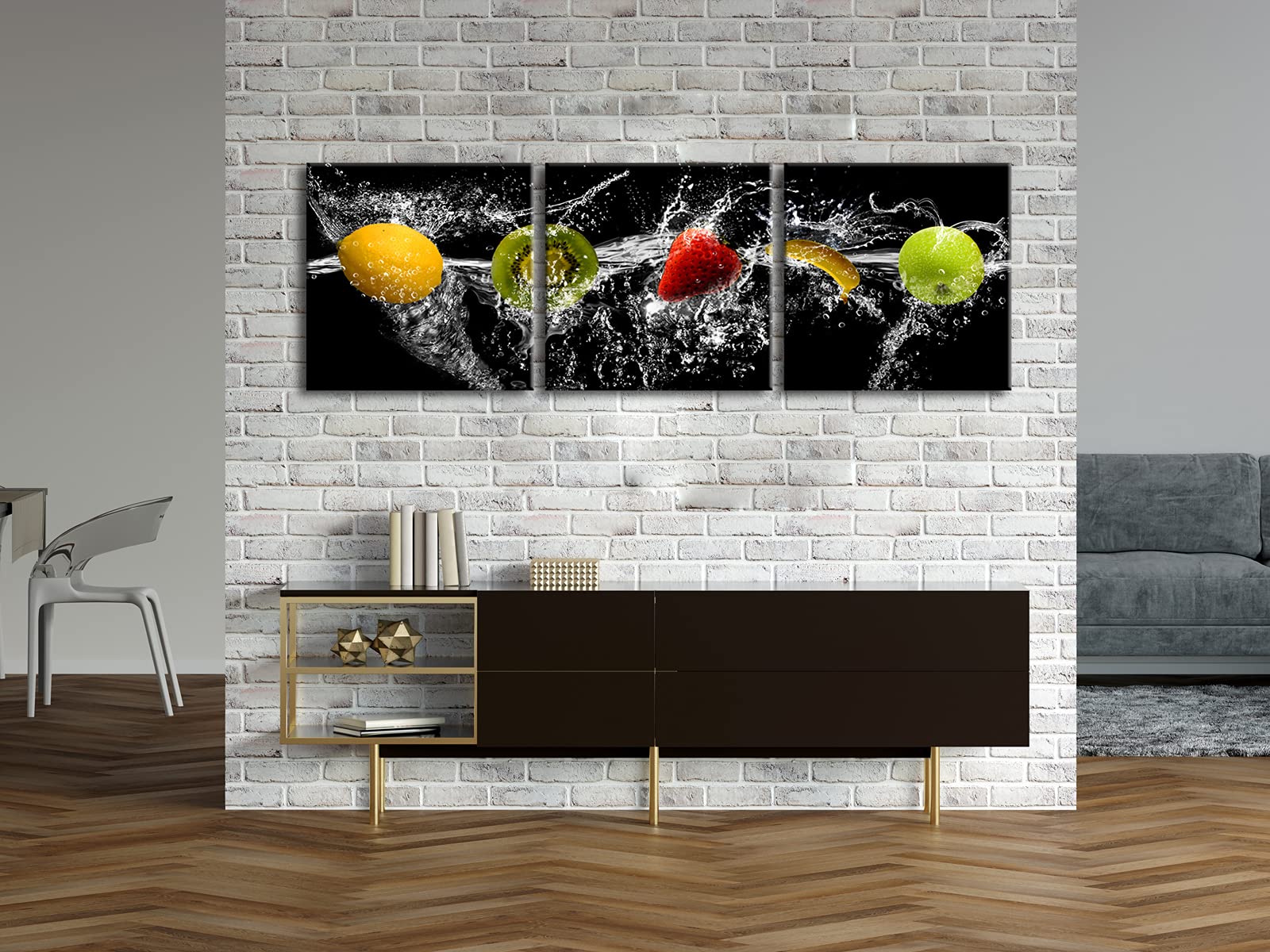 Pyradecor Dancing Fruit Large Modern Landscape Artwork 3 Piece Gallery Wrapped Giclee Canvas Prints Black Pictures Paintings On