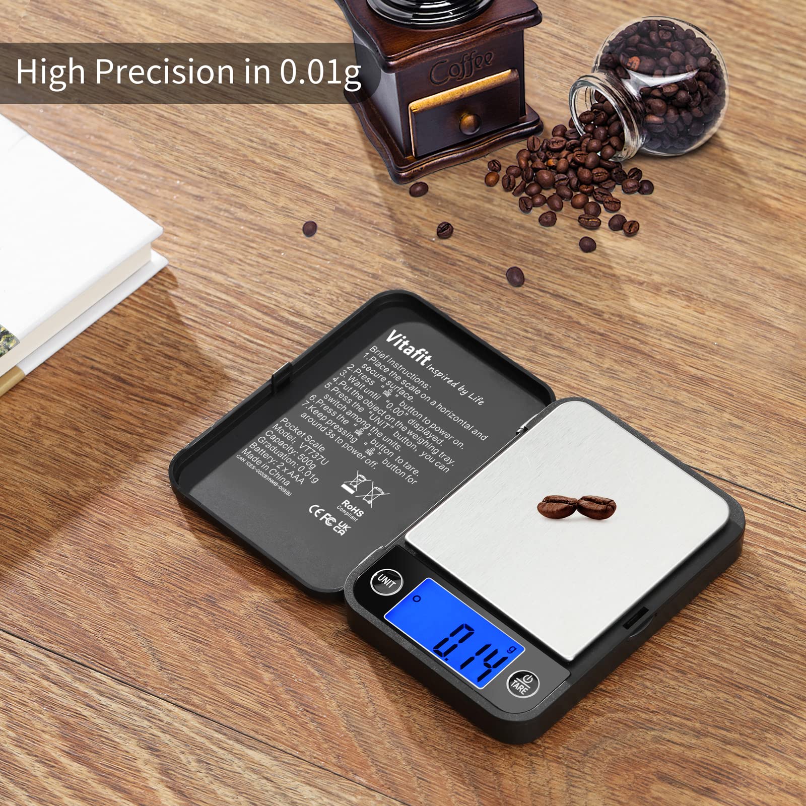 Vitafit 500g Digital Pocket Scale Weighing Professional Since 2001  0.01g High Accuracy Grams Scale for Multifunction: Lab Food Kitchen Coffee Jewelry; Black