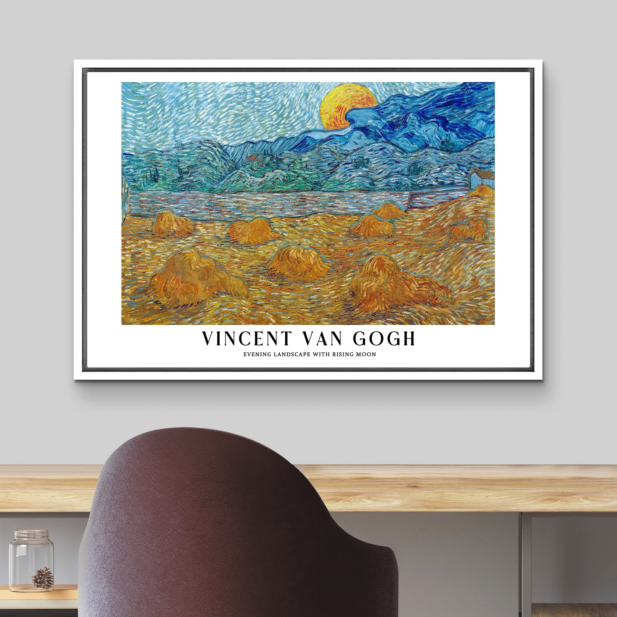 Wall26 Framed Canvas Print Wall Art Evening Landscape & Rising Moon By Van Gogh Historic Classical Illustrations Fine Art Decora