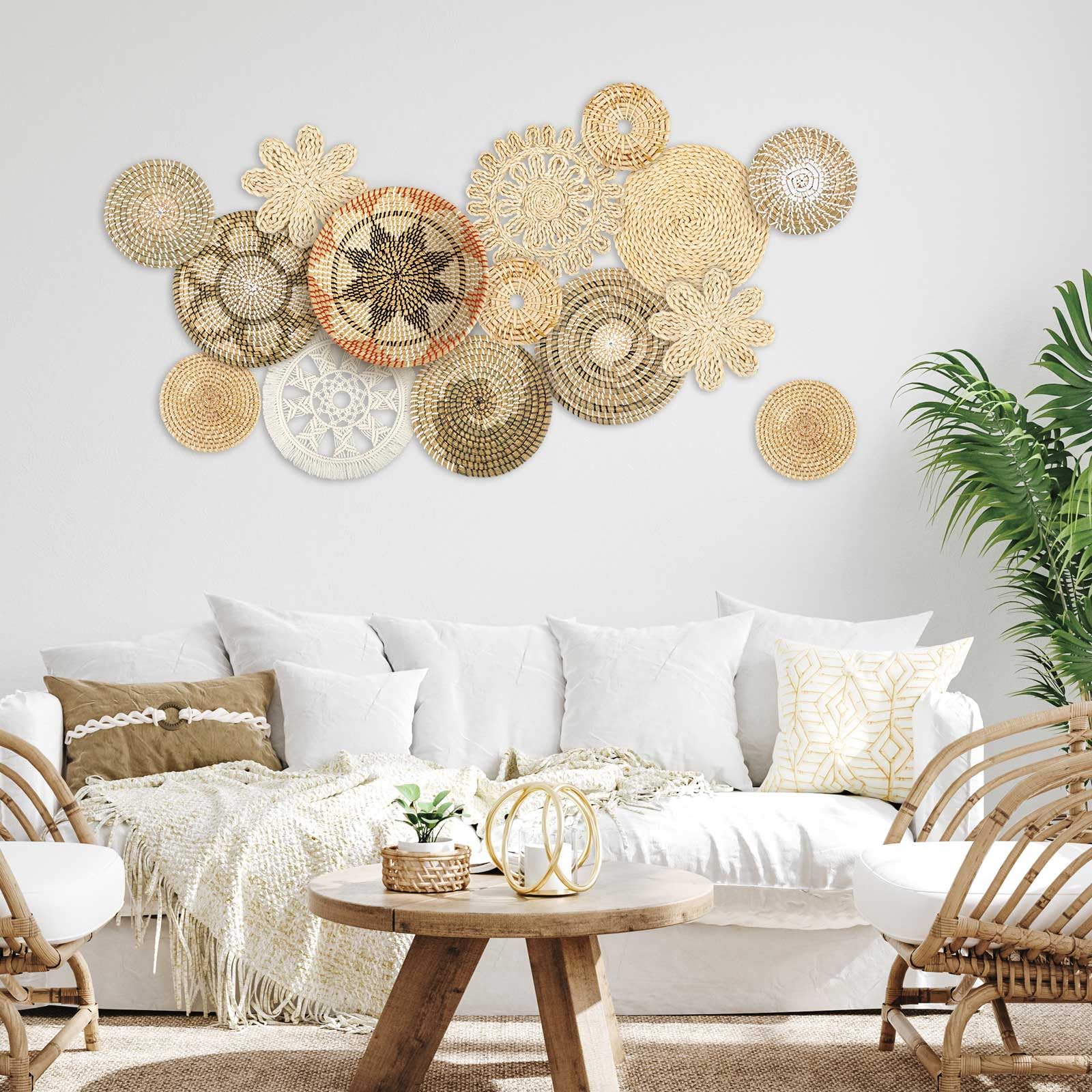 Xuhal 15 Pcs Boho Wall Basket Decor Hanging Woven Wall Basket Decorative Rustic Handcrafted Seagrass Baskets Round Woven Hanging