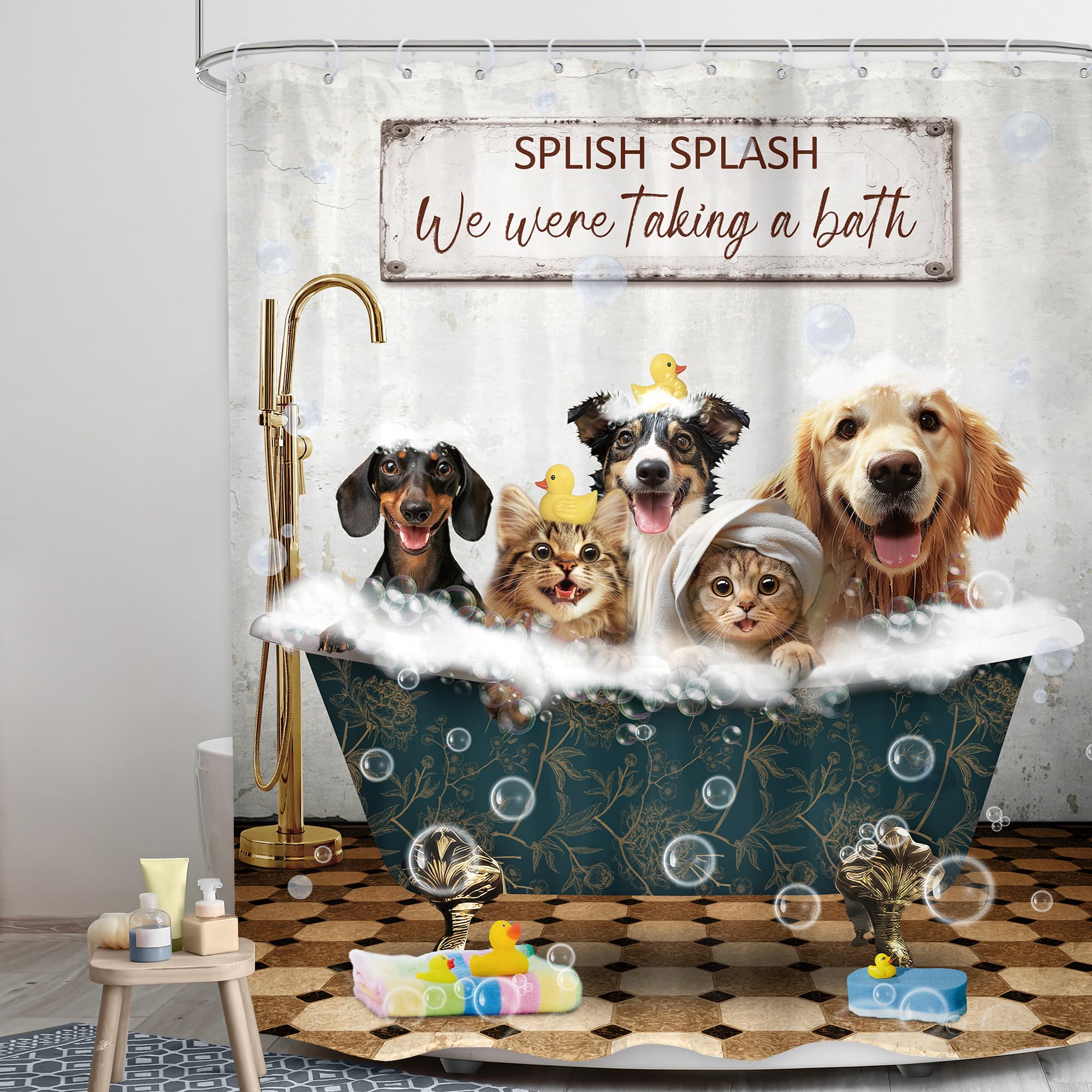 Lghtyro Funny Dogs Cats Shower Curtain Bathroom Set 60Wx71H Inches Wash Your Paws Doggy Cute Lovely Rustic Animals For Kids Boys