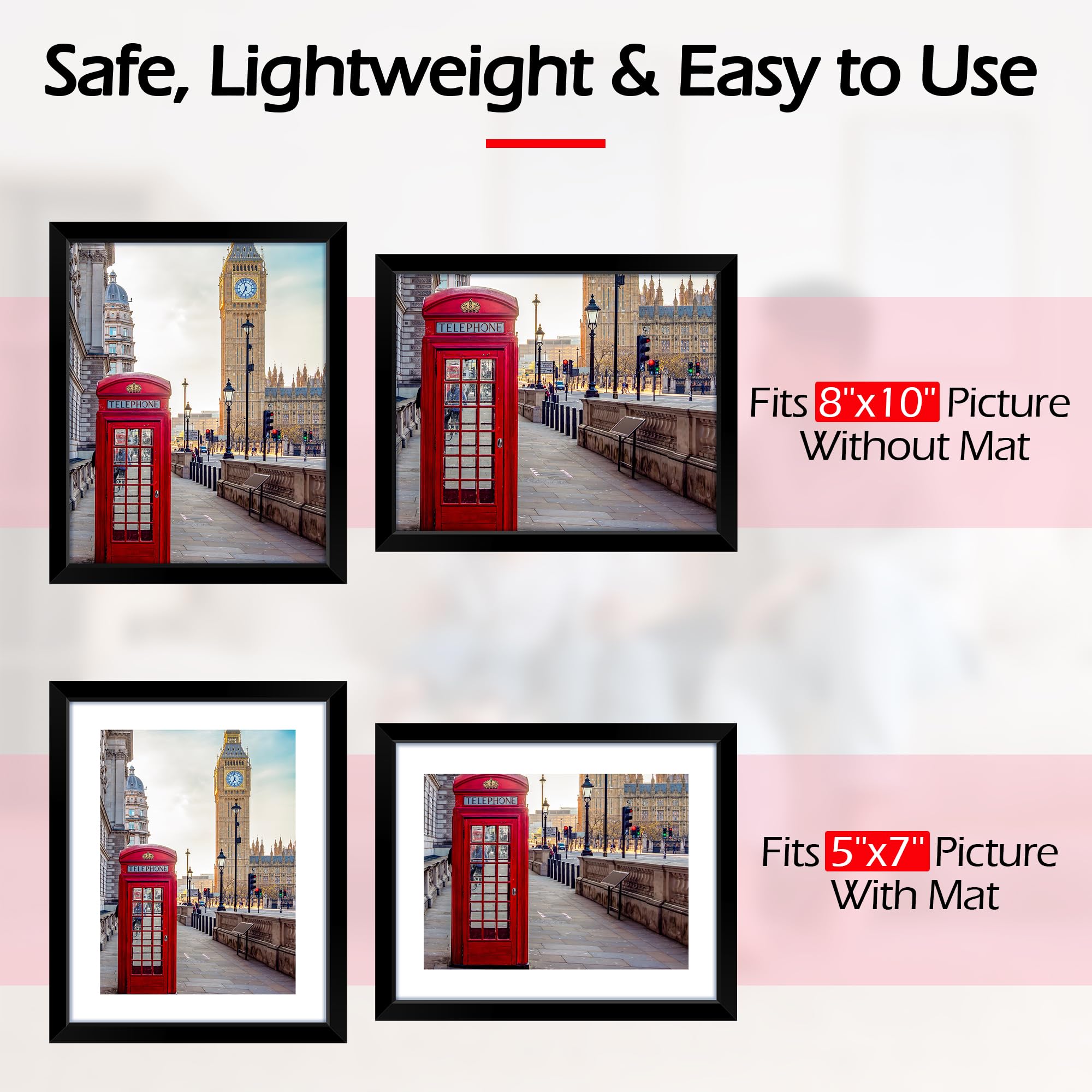 HOMERHYME 8x10 Picture Frame, Set of 2 Black Photo Frame for Tabletop or Wall Display, Fits Pictures 5x7 with Mat or 8x10 Withou