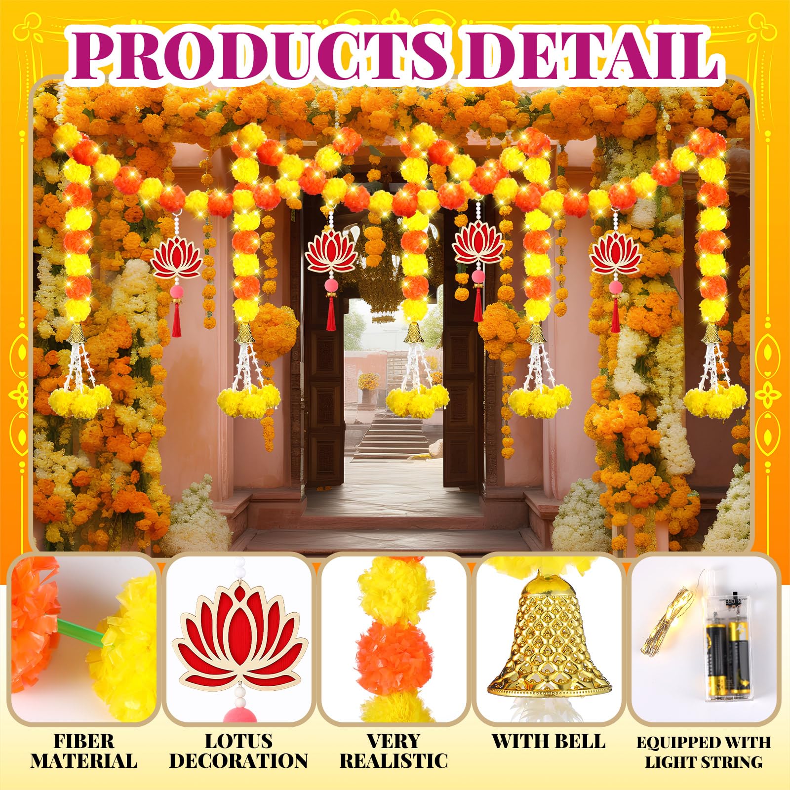 11 Pcs Diwali Decoration 5 Pcs 4.92 ft Marigold Garland Decoration with String Light 6 Lotus Hanging Ornament Indian Decor for P