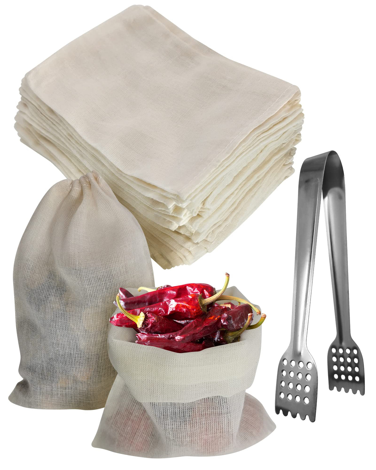 Snail Garden 55Pack Reusable Drawstring Bags For Cooking, Soup Gravy Broth Stew Bags With 1 Squeezer Tong, Cheesecloth Spice Bag