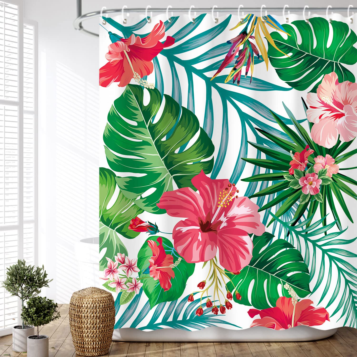 Livilan Floral Shower Curtain, Green Shower Curtain, Tropical Shower Curtains For Bathroom, Flower Shower Curtain, Botanical Sho