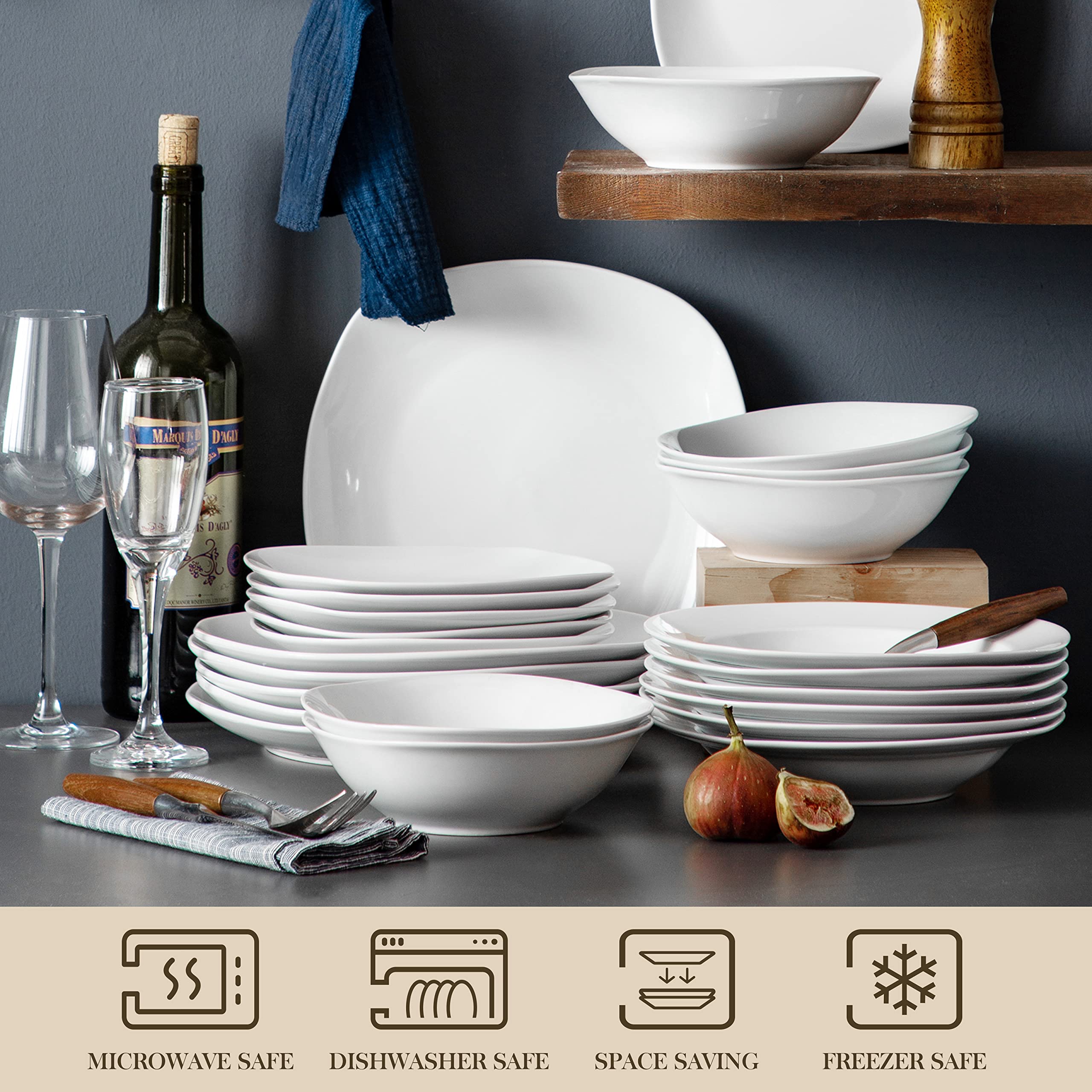 MALACASA Dinnerware Sets, 24-Piece Porcelain Square Dishes, Grey White Ceramic Dish Set for 6, Chip and Scratch Resistant Plates
